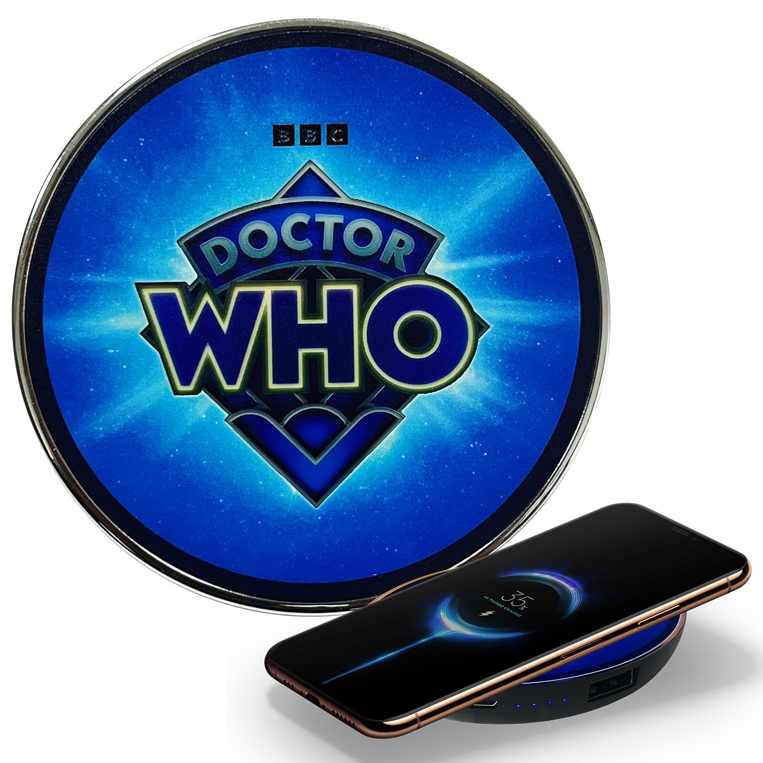 Doctor Who 60th Anniversary Logo Wireless Charger with Backup Battery - Fast Qi Charging Pad & USB Port | Portable Phone Charger with LED Light-Up TARDIS Design | Perfect Doctor Who Gifts for Fans, Office Desk & Travel Accessories