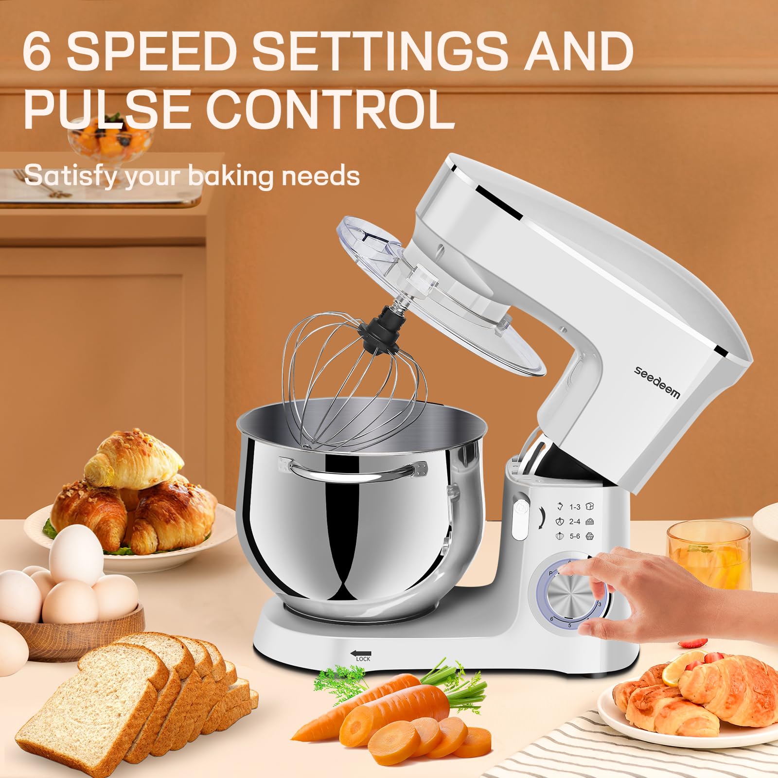 SEEDEEM 8.5 Qt Stand Mixer, 660W Powerful Electric Kitchen Mixer with 6+ Speeds, Tilt-Head Design & Dishwasher-Safe Attachments (Dough Hook, Wire Whip, Beater) - Perfect for Baking Bread, Cookies, Cakes & More - White