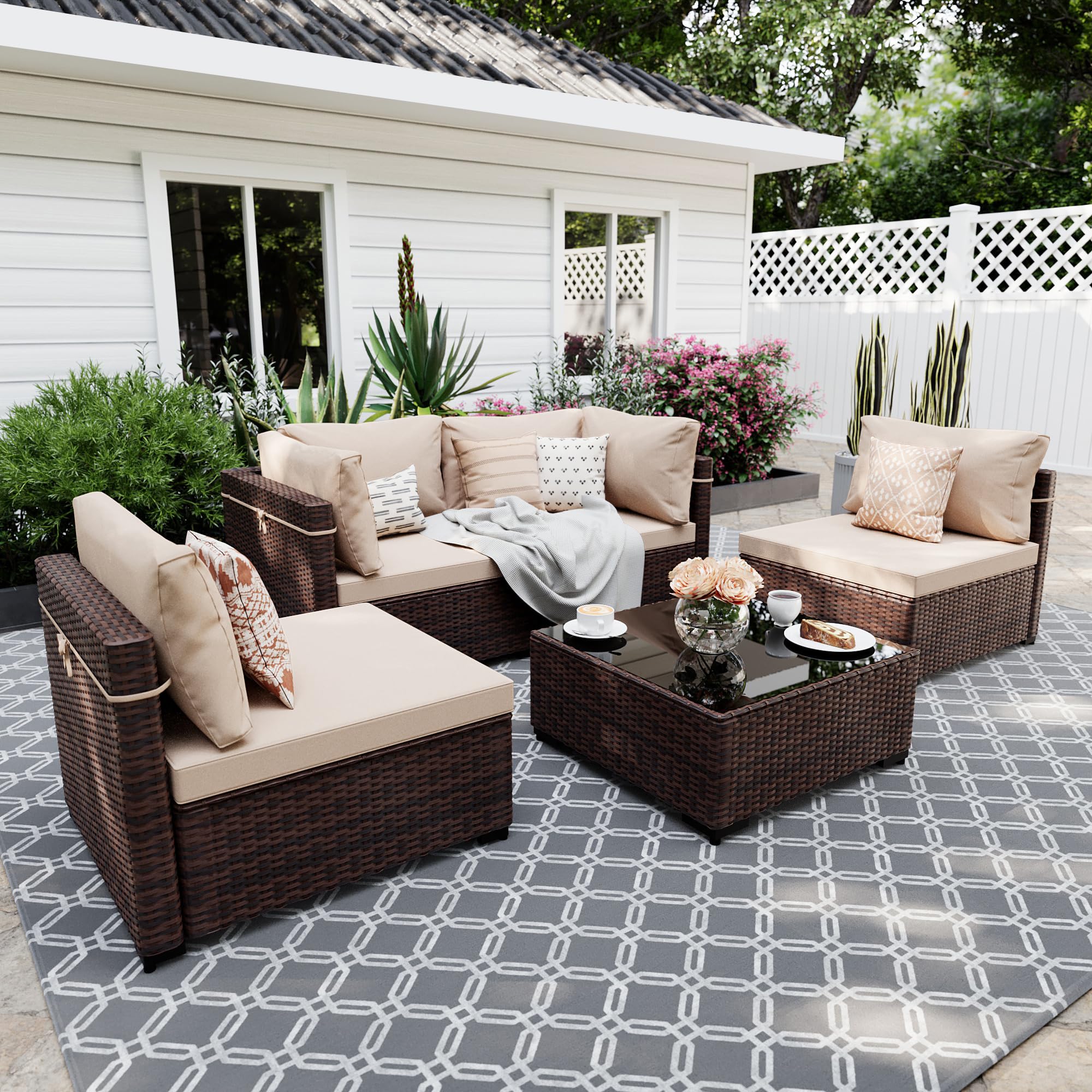 5-Piece Outdoor Patio Furniture Set - Brown Rattan Wicker Sectional Sofa with Beige Cushions for Deck, Backyard, Garden | Durable All-Weather Conversation Set for Relaxing & Entertaining Outdoors