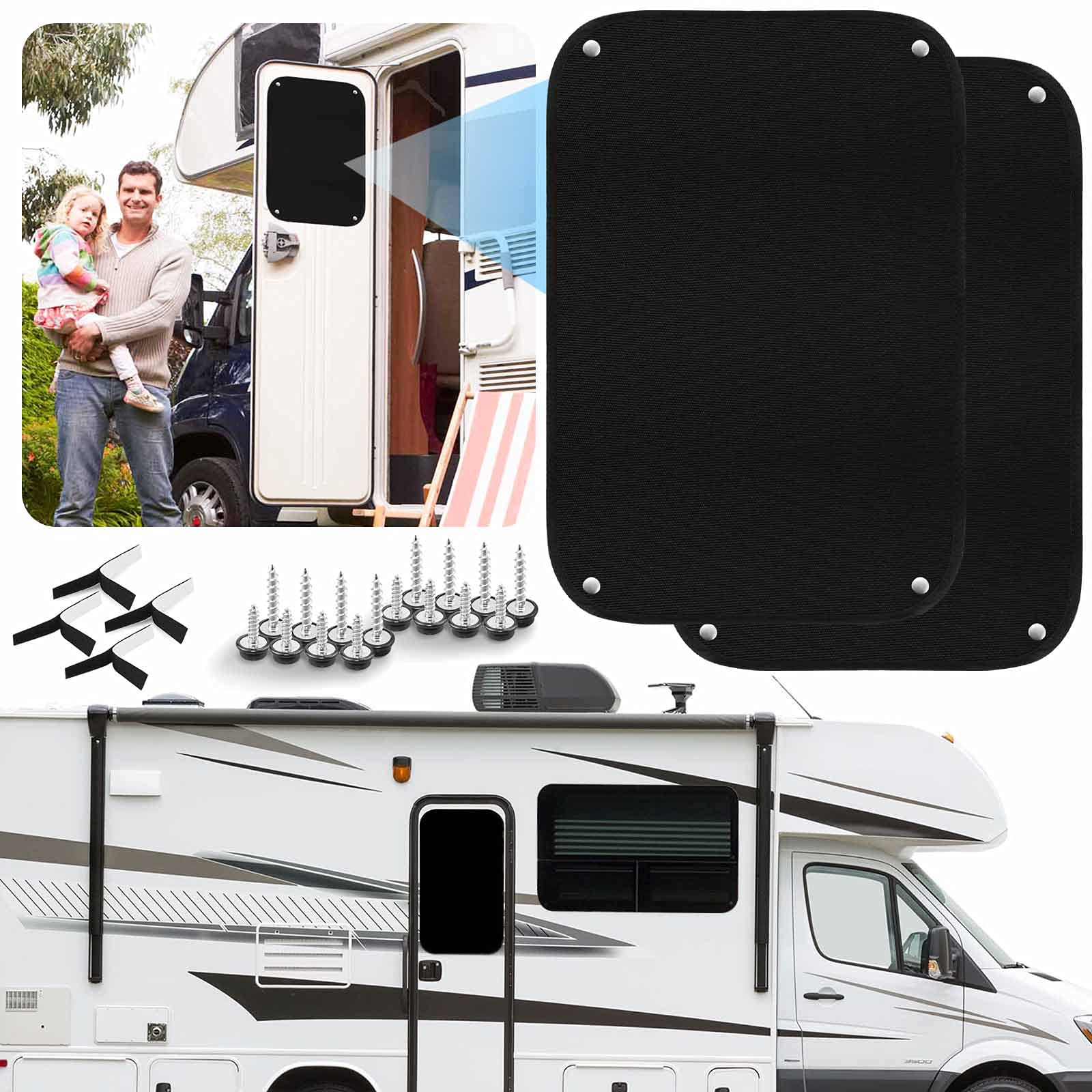 RV Door Window Shade Cover - Black Privacy Blinds for Camper & Travel Trailer - 2 Pack Sun Blocking Window Shades | Perfect for RV, Motorhome, and Camping Trips to Block Sunlight and Ensure Privacy
