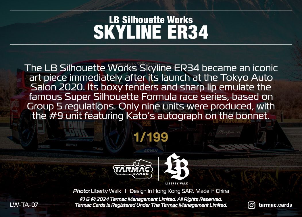 Tarmac Cards LB Liberty Walk Collection Vol.1 Special Parallel - LW TA 07 Skyline ER34 Drift/199 Malaysia Special Edition - Premium Collectible Diecast Model Cars for Display & Racing Enthusiasts