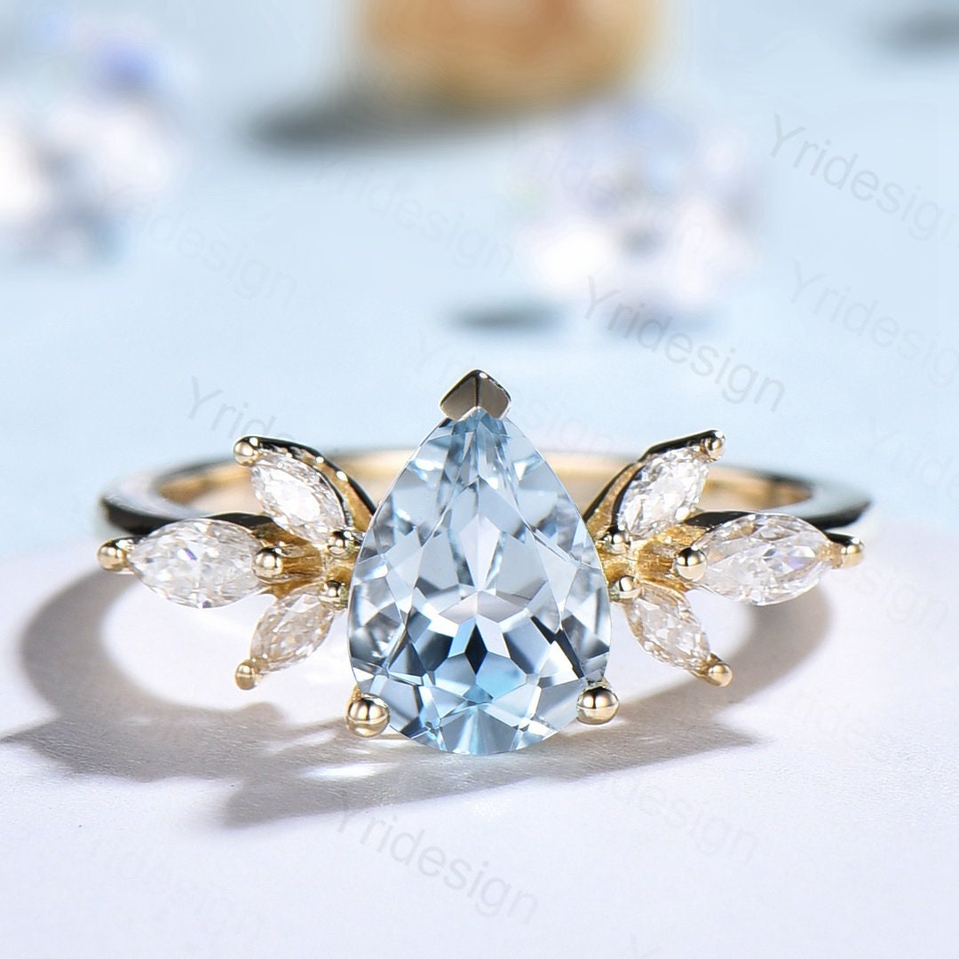 Vintage Pear Shape Aquamarine Engagement Ring - 14K Gold Cluster with Marquise Moissanite Accents, Elegant Bridal Promise Ring for Women, Perfect Wedding Gift & Anniversary Jewelry for Her | Ideal for Proposals, Bridal Showers, and Special Occasions