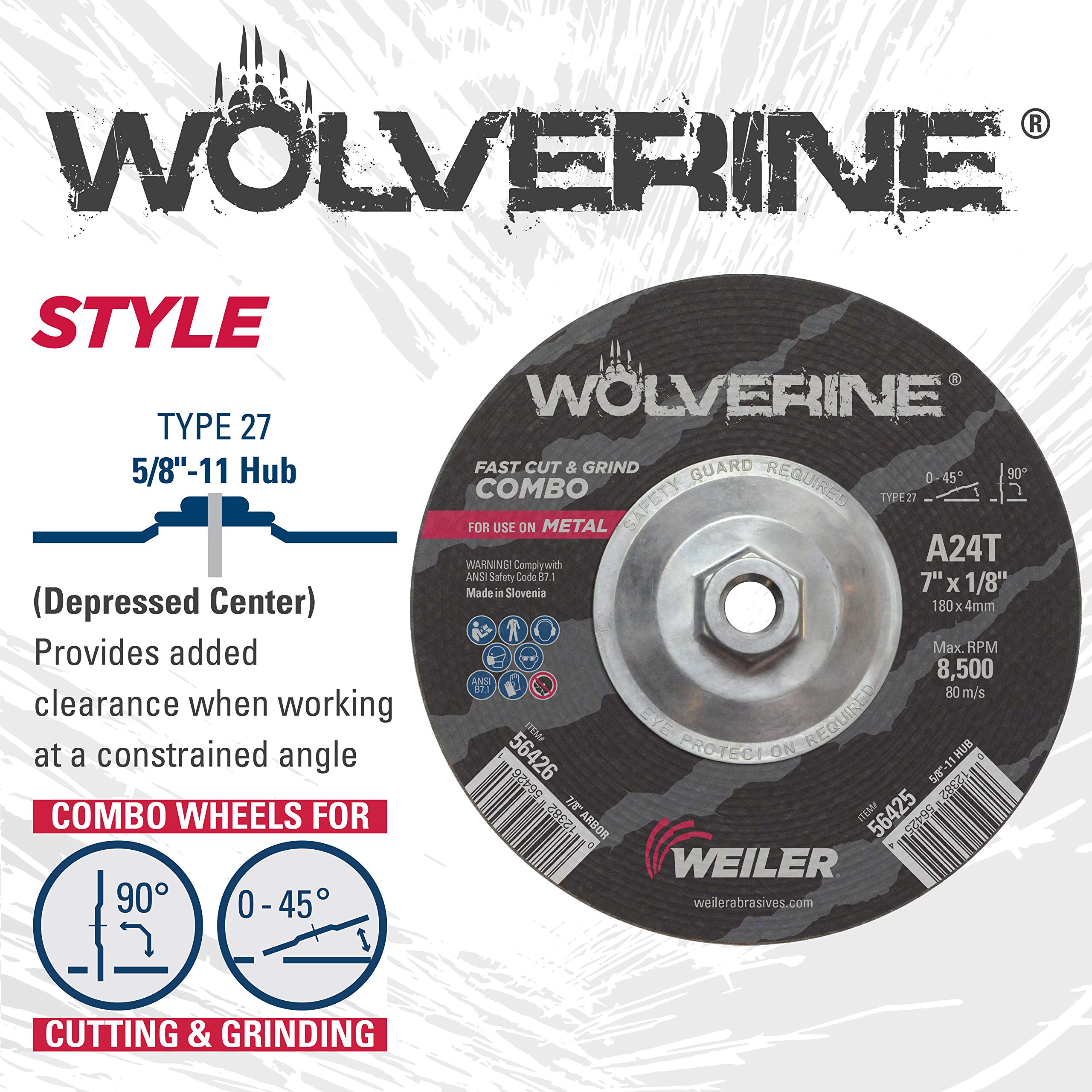 Weiler 56425 Wolverine Type 27 Cut and Grind Combo Wheel - 7