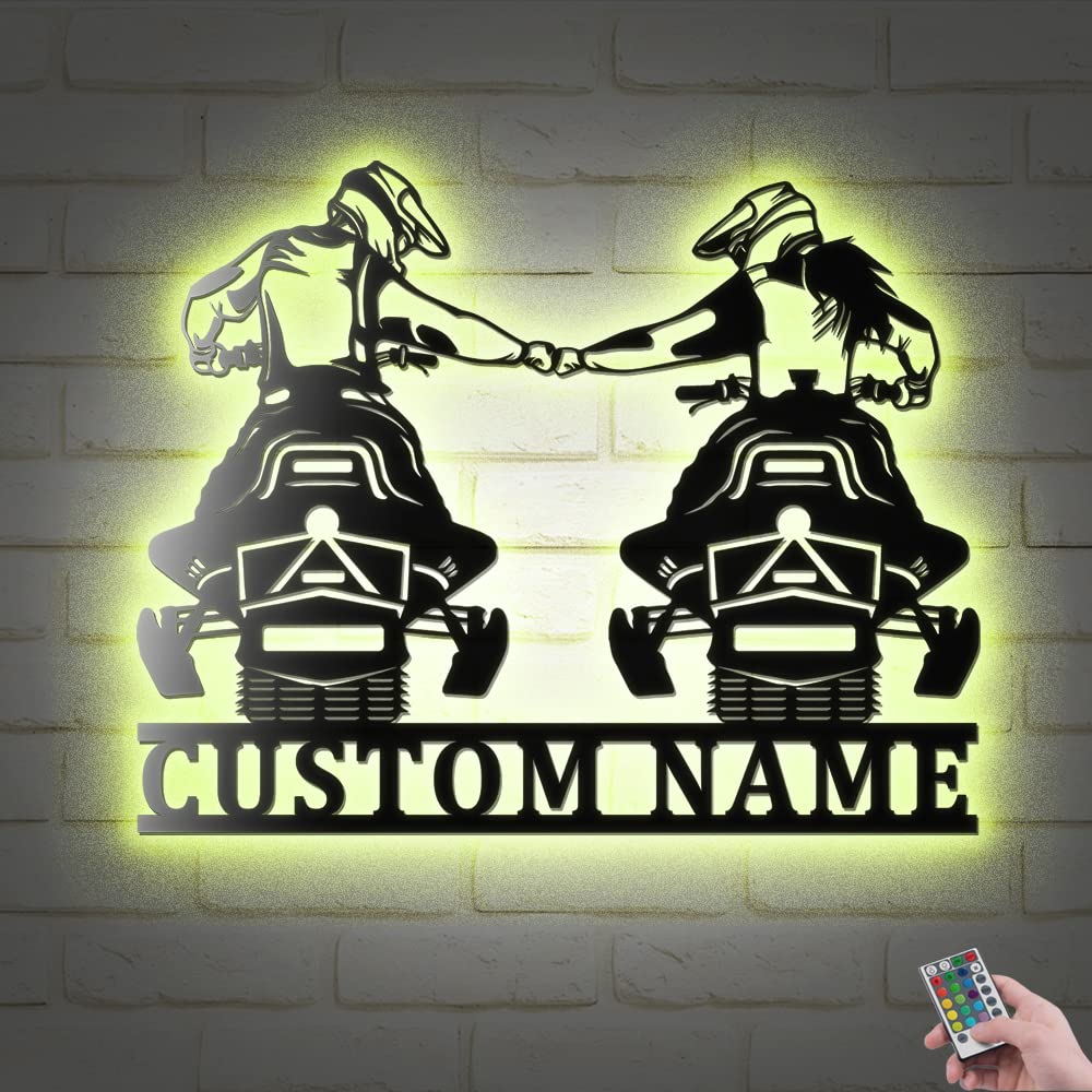 Custom Dad and Mom Snowmobile Metal Wall Art with LED Lights - Personalized Snowmobile Name Sign for Winter Games & Outdoor Home Decor - 12x12 Inches with Lights - Perfect for Cabin, Garage, or Man Cave Decor