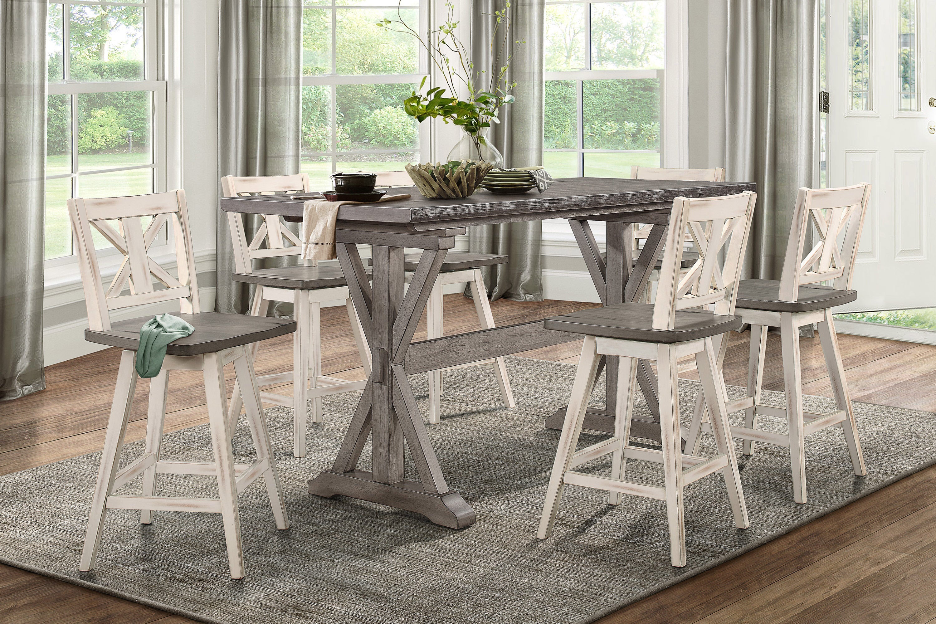 2-Piece Counter Height Swivel Bar Stool Set - 360° Rotating White & Gray X-Back Chairs, Solid Rubberwood Construction for Kitchen Island, Dining Room & Breakfast Nook - Modern Home Furniture