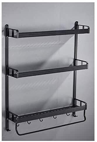 Premium Polished Aluminum Wall Mounted Towel Rack - Double Layer with Hooks, 40CM Black Bathroom Shelf for Towels & Robes - Durable & Space-Saving for Bathroom, Kitchen, Laundry Room Organization