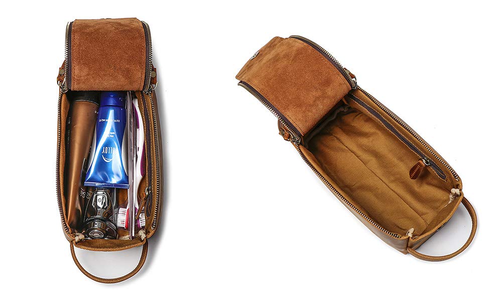 **Genuine Buffalo Retro Leather Unisex Toiletry Bag – Travel Dopp Kit & Washing Bag (Brown) – Perfect for Camping, Gym & Business Trips**