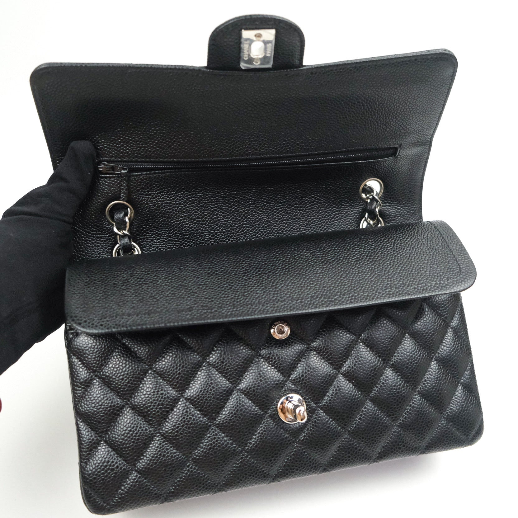 Chanel Classic M/L Medium Double Flap Bag Black Caviar Silver Hardware - Luxury Designer Handbag for Women, Perfect for Work, Evening Events & Special Occasions