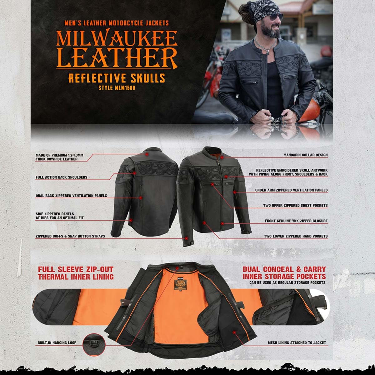 Milwaukee Leather MLM1500 Men's Black Leather Scooter Jacket with Reflective Skulls - Stylish & Protective Motorcycle Gear for Urban Riding & Night Safety