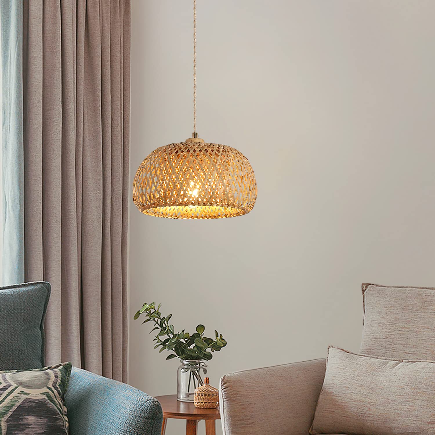 Handmade Bamboo Plug-in Pendant Light with 14ft Woven Cord - Dimmable Hanging Lamp for Farmhouse, Bedroom & Kitchen Island Decor | Perfect for Rustic Living Room, Dining Area and Cozy Reading Nook Lighting
