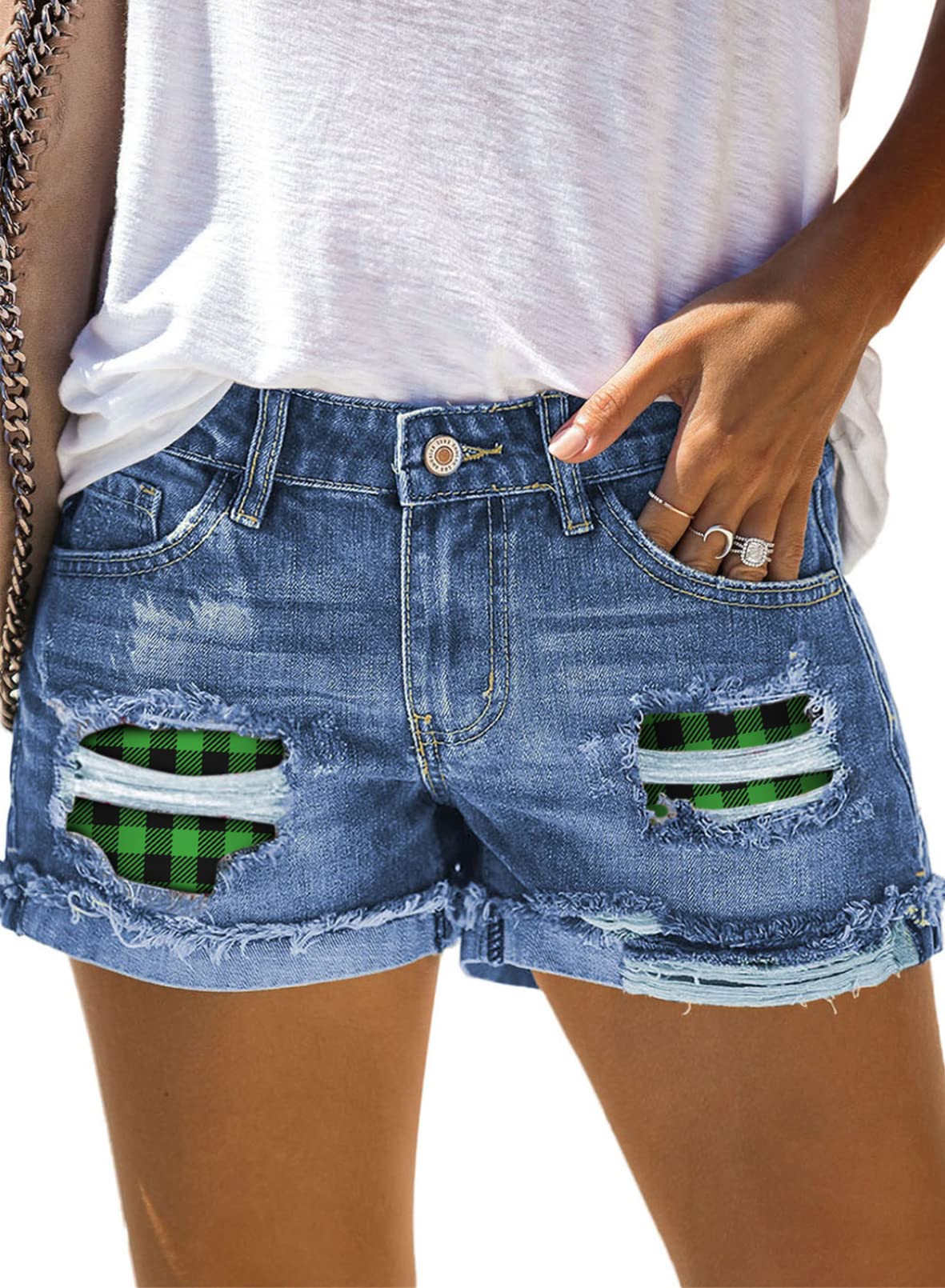 Stylish Women's Distressed Ripped Denim Shorts - Mid Rise Rolled Hem Frayed Cutoff Jean Shorts for Summer Casual Wear & Street Fashion