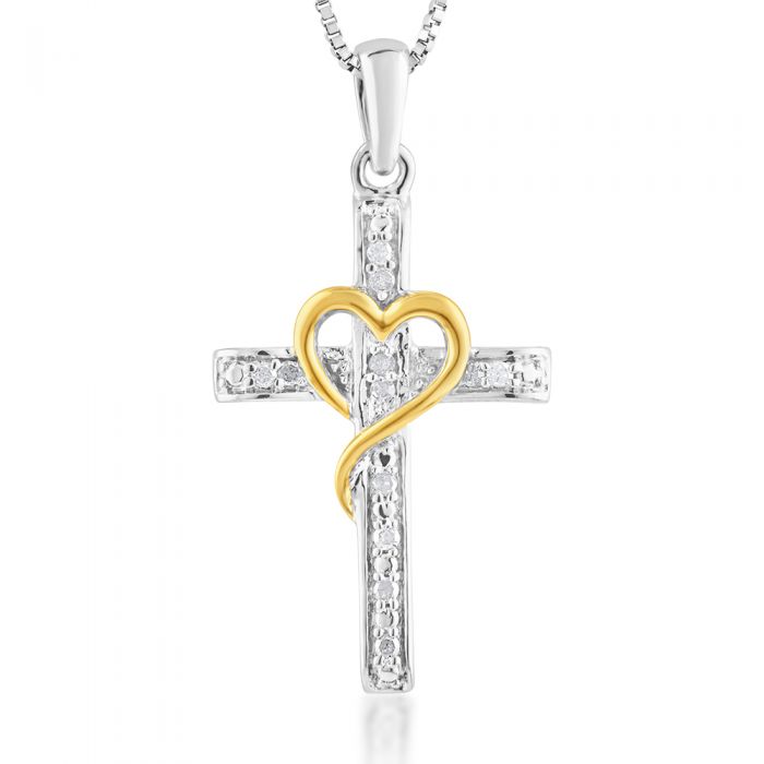 5-Point Diamond Cross Pendant Necklace - Sterling Silver with Yellow Heart Charm on 45cm Silver Chain - Perfect for Gifts, Baptism, and Everyday Wear