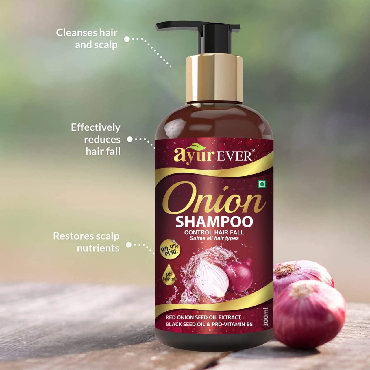 AYUREVER Onion Shampoo for Hair Growth & Dandruff Control - 300ml Sulfate-Free Hair Care for Stronger, Healthier Hair - Perfect for Daily Use & Scalp Treatment