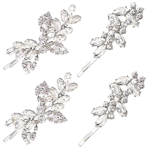 4 Pieces Rhinestone Bridal Hair Clips - Elegant Leaf Wedding Hairpins with Pearls & Crystals for Women & Girls - Silver Delicate Rhinestone Barrettes - Perfect for Brides, Weddings, Prom & Special Occasions