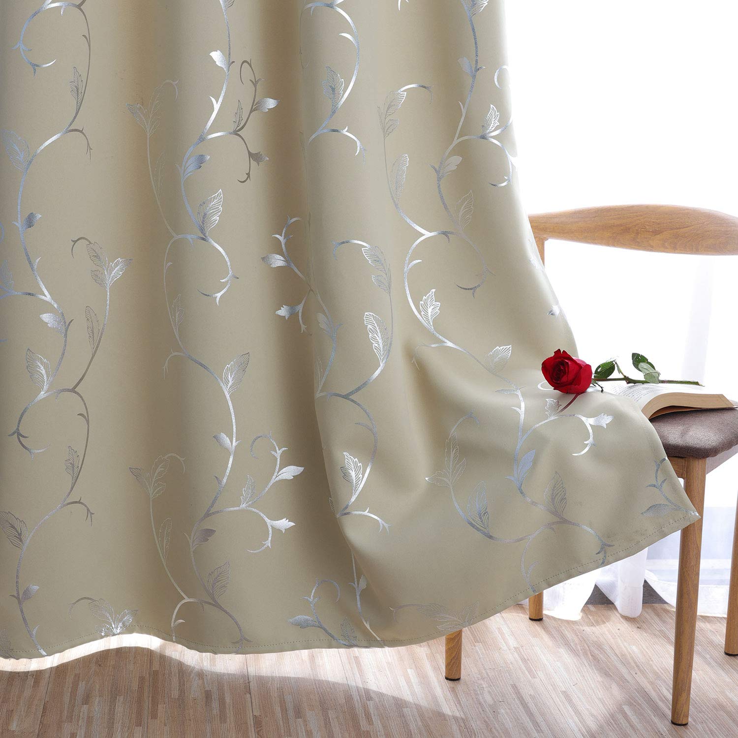 BUHUA Blackout Curtains for Bedroom & Kitchen - Silver Floral Print Darkening Window Curtains Set (2 Panels, 38