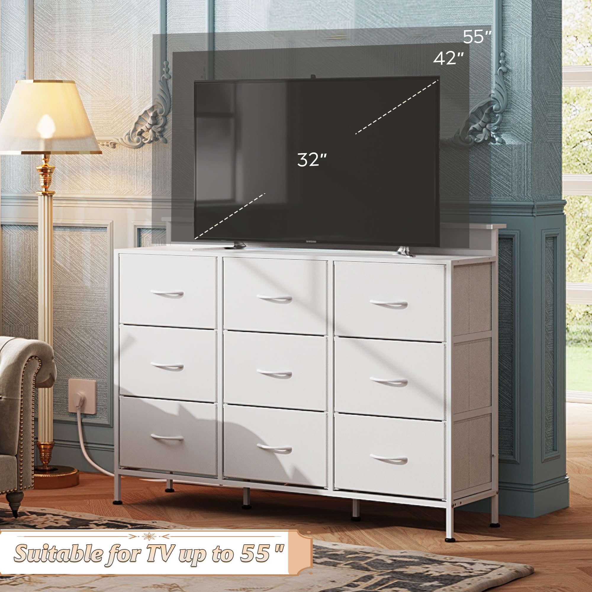 WLIVE 55 Inch TV Stand Dresser with LED Lights & Charging Station - 9 Fabric Drawers, Wood Top - Modern Bedroom Dresser, Chest of Drawers for Living Room & Closet Organization - Perfect for Home Entertainment & Storage Solutions