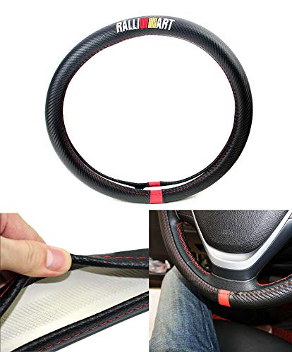 Kune RALLIART Sport Carbon Fiber Leather Steering Wheel Cover for Mitsubishi - 15'' Universal Fit - Enhances Grip & Style for Racing & Daily Driving