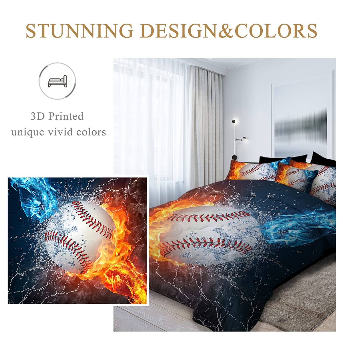 Fire and Ice Baseball Themed 8-Piece Queen Bedding Set - Comforter, Sheets & Pillow Shams for Sports Lovers | Perfect for Teen Boys' Bedroom Decor & Dorm Room Essentials