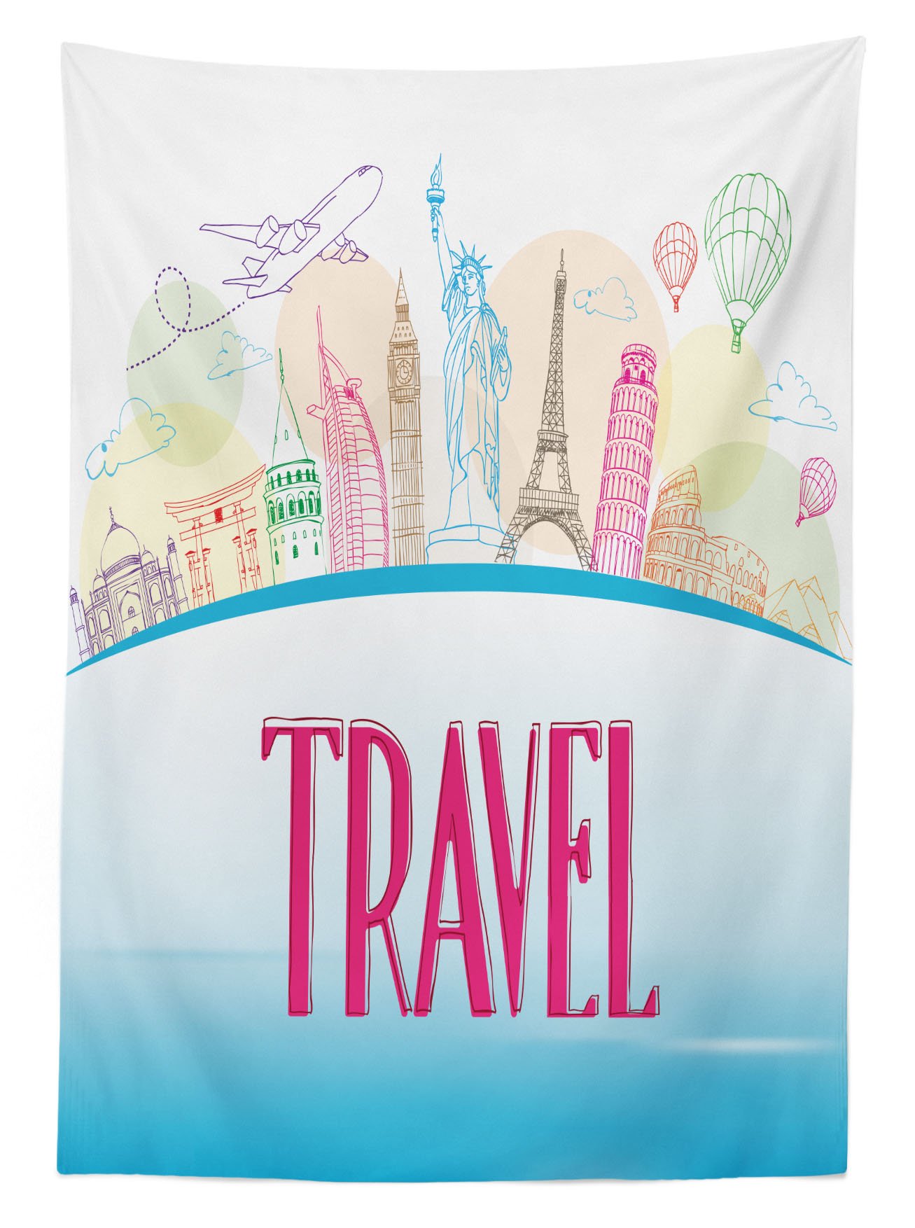 Washable Outdoor Picnic Tablecloth 58x120 Inches - Famous Landmarks Liberty Eiffel Tower Design in Sky Blue & Hot Pink | Waterproof Decorative Table Cover for Camping, Beach Parties & Backyard BBQs
