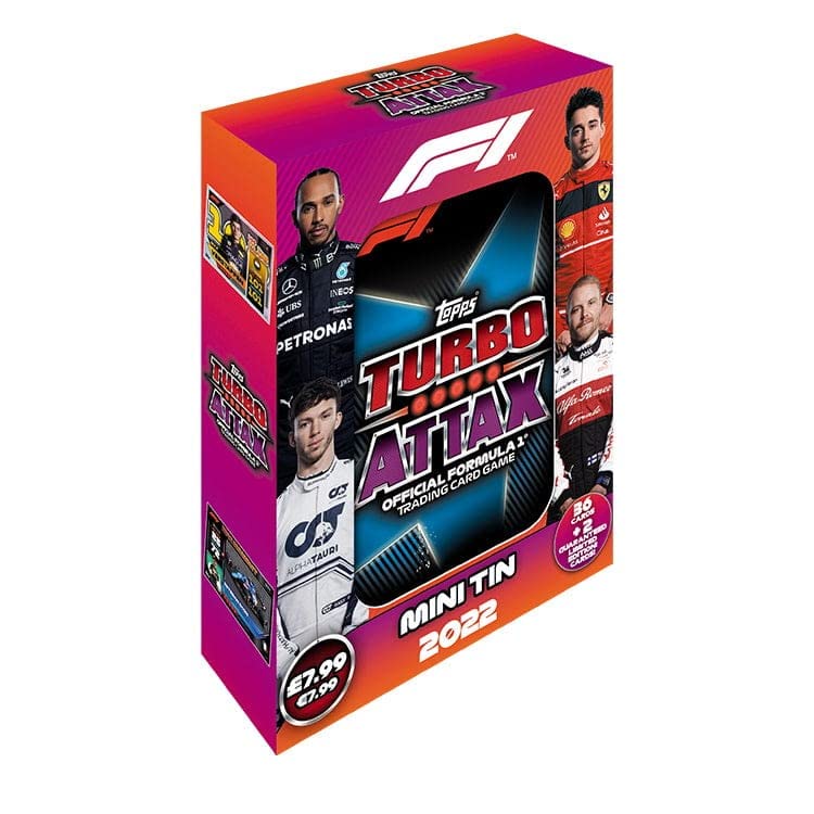 2022 Topps Formula 1 Turbo Attax Trading Cards - Blue Collector's Tin with 38 Cards + 2 Limited Edition & 3 Exclusive Master vs. Apprentice Cards | F1 Collectibles for Fans, Gift for Racing Enthusiasts, Perfect for Trading & Display
