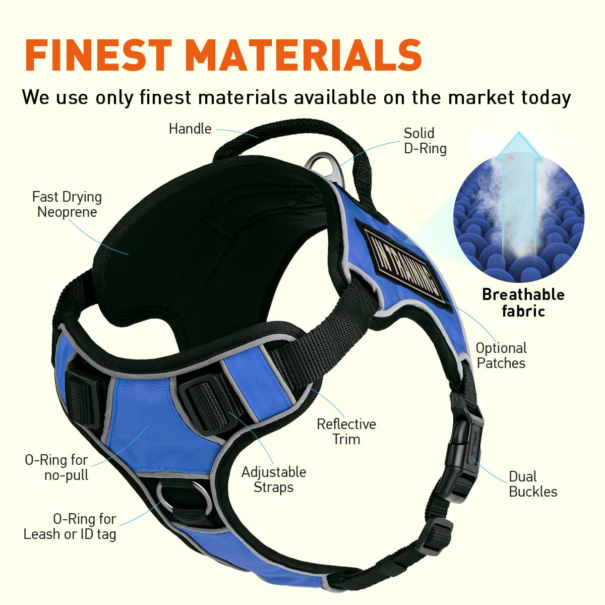 No-Pull Dog Harness with Reflective Patches & Quick Release Buckles - Soft Comfortable Training Vest with 3D Rubber & Handle (18-22 inches, Blue) - Perfect for Walking, Running & Outdoor Adventures with Your Dog