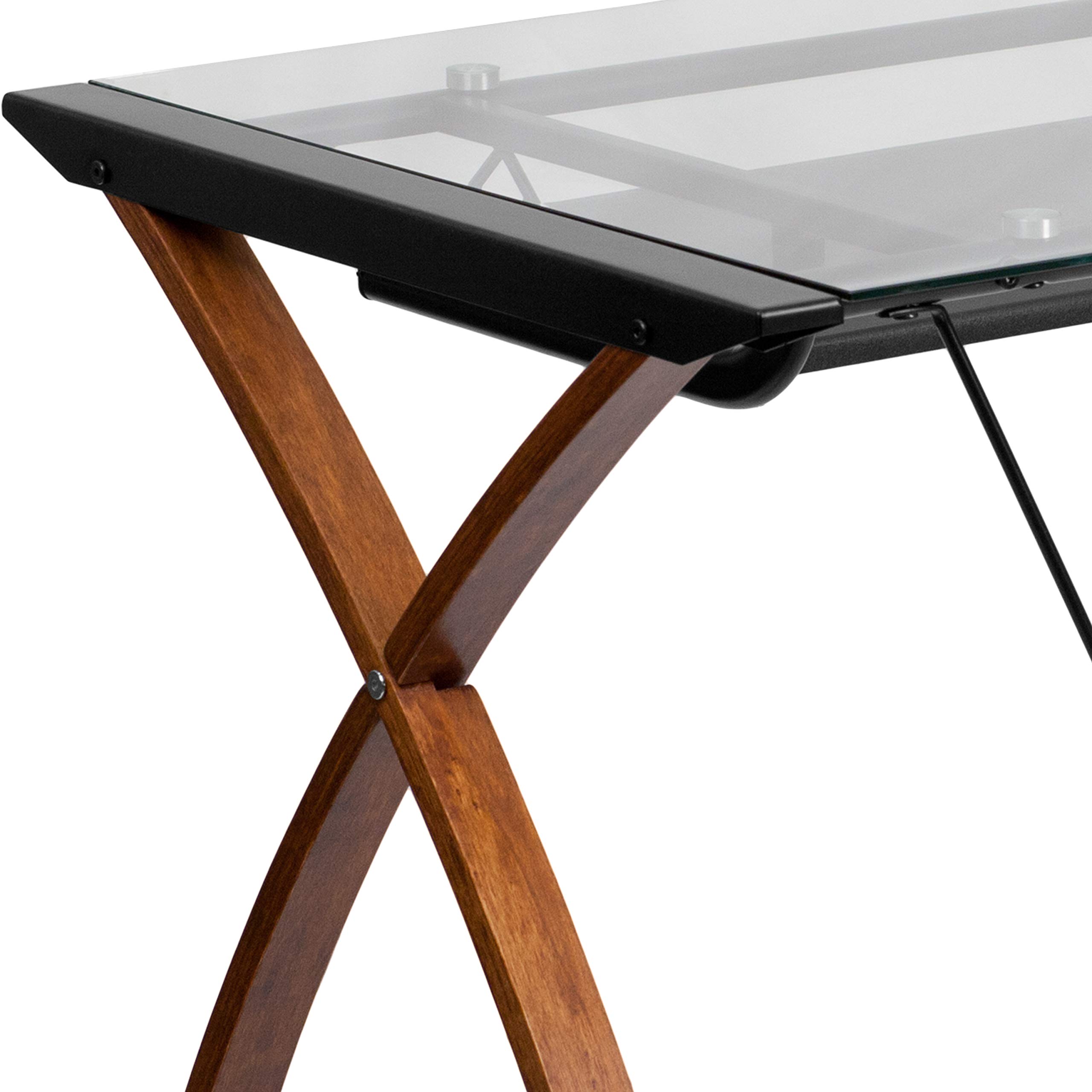 Flash Furniture Jude Tempered Glass Computer Desk with Pull-Out Keyboard Tray & Sturdy Crisscross Frame - Compact Home Office Desk in Cherry/Clear Finish - Perfect for Small Spaces, Gaming & Remote Work