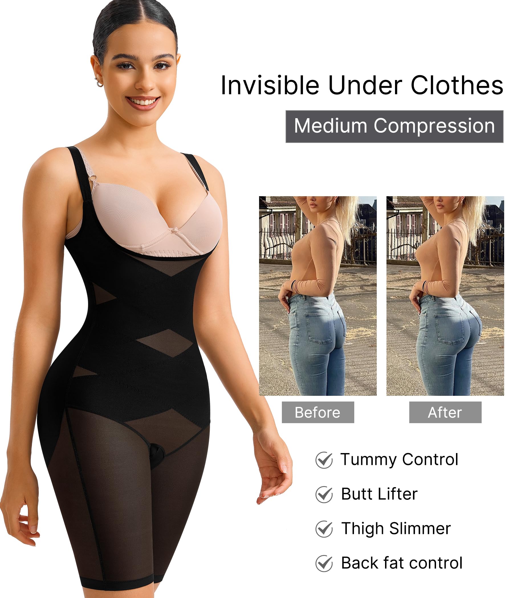 Nebility Tummy Control Shapewear Bodysuit - Open Bust Full Body Shaper Seamless Faja for Women - Slimming Underwear for Postpartum, Workout & Everyday Wear