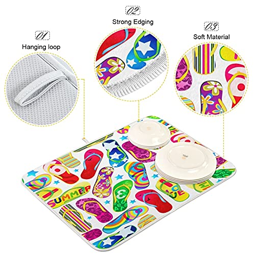 Reversible Colorful Flip Flops Dish Drying Mat - 18x24 Inch Large Absorbent Kitchen Counter Mat for Sink, Fast-Drying Tableware Pad | Perfect for Summer Vacation, Holiday Entertaining & Daily Dish Drainer Rack Replacement