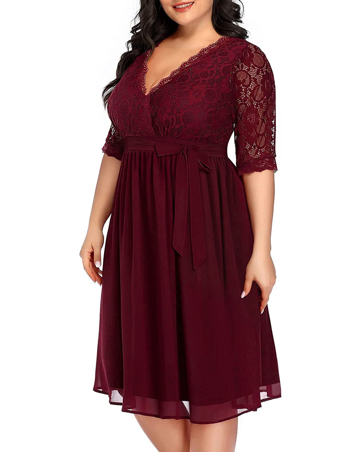 Elegant Plus Size Lace Chiffon Wrap V-Neck Cocktail Dress for Women - Wedding Guest & Special Occasion Midi Dress | Perfect for Parties, Date Nights & Formal Events
