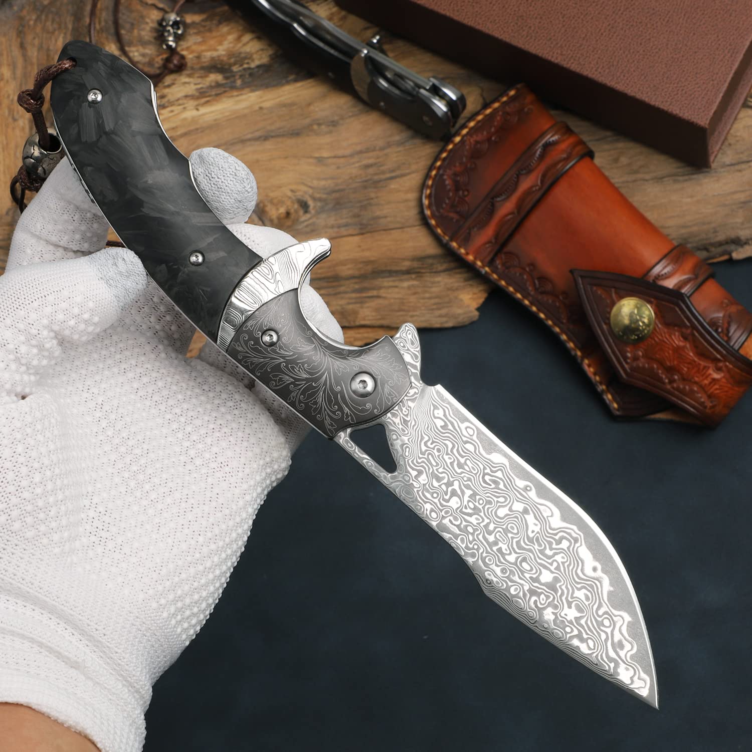 Premium Handmade Damascus Steel Folding Knife with Leather Case - 3.8 Inch VG10 Steel Core Blade, Steel Ball Bearings & Carbon Fiber Handle - Tactical Pocket Knife for Hiking, Camping, Outdoor Survival & Everyday Carry (EDC)