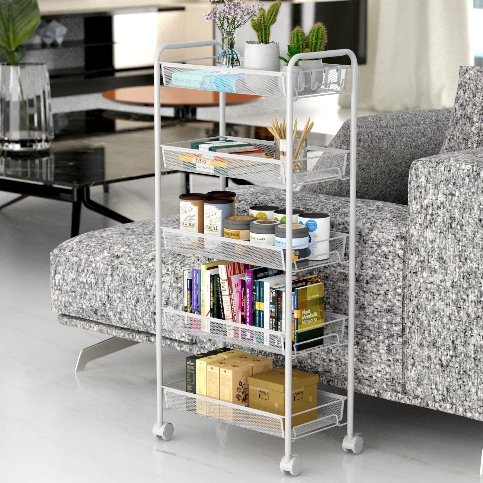 JANE EYRE 5-Tier Rolling Utility Storage Cart with Wheels - Multi-Purpose Organizer Shelf for Kitchen, Bathroom, Office & Craft Room - White Mobile Trolley for Home Organization