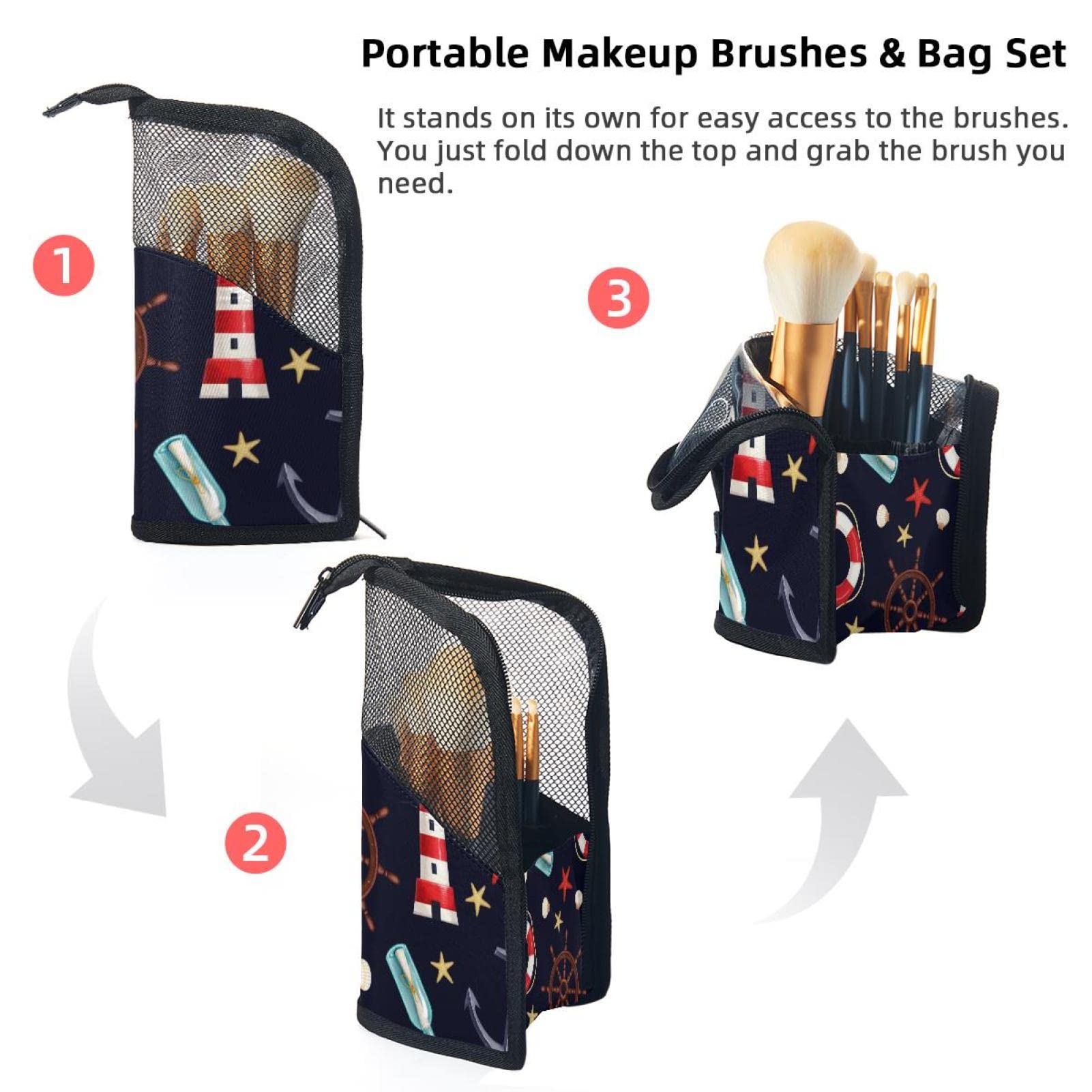 Portable Makeup Brush Organizer Bag with 12 Slots - Waterproof Cosmetic Brush Holder Case with Lighthouse Anchor & Starfish Design for Travel, Home Vanity & Professional Makeup Artists