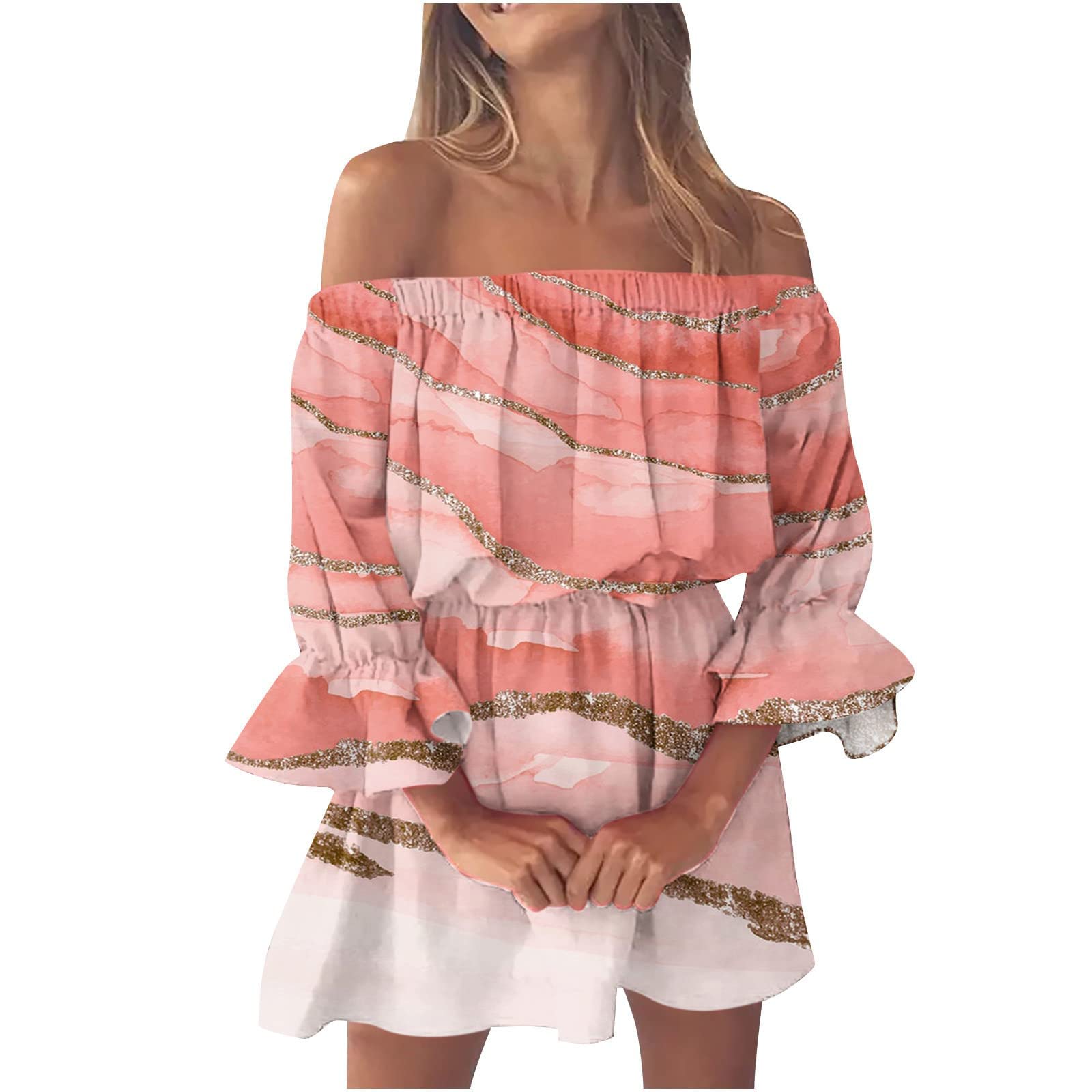 Women's Beach Dresses - Summer Ruffled Shoulder Smocked Long Maxi Casual Dress with Pockets | Perfect for Vacations, Pool Parties & Tropical Getaways
