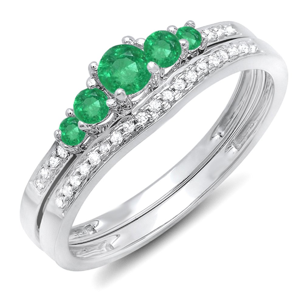 Dazzlingrock Collection 14K Solid White Gold Round Emerald & White Diamond Women's 5 Stone Bridal Engagement Ring Set with Matching Band - Perfect for Proposals, Anniversaries & Wedding Jewelry Gifts