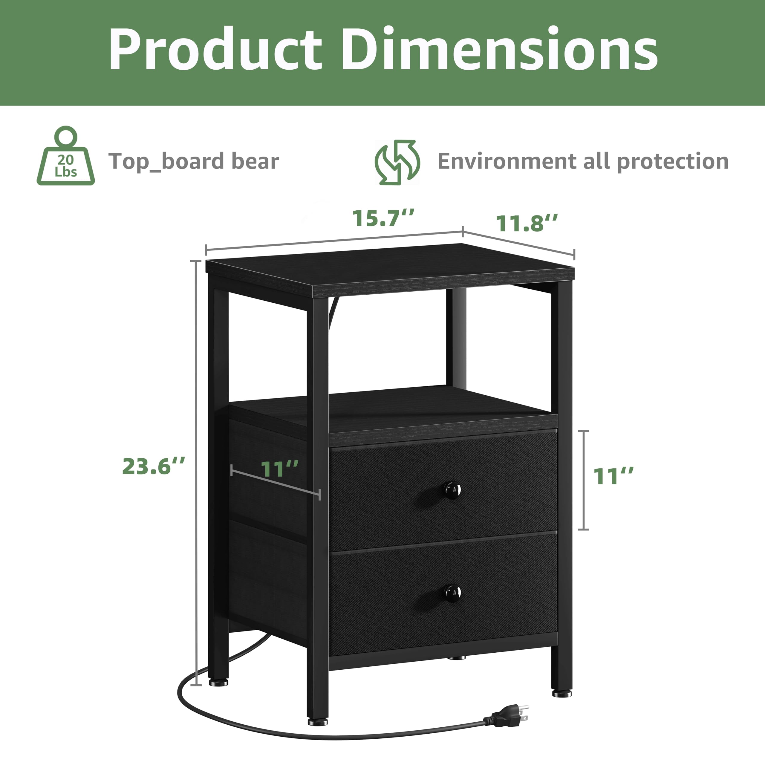 Modern Black Nightstand Set of 2 with USB Charging Station & Drawers - Bedroom End Tables for Dorm, Apartment & Master Bedroom - Perfect for Phones, Lamps & Bedside Storage