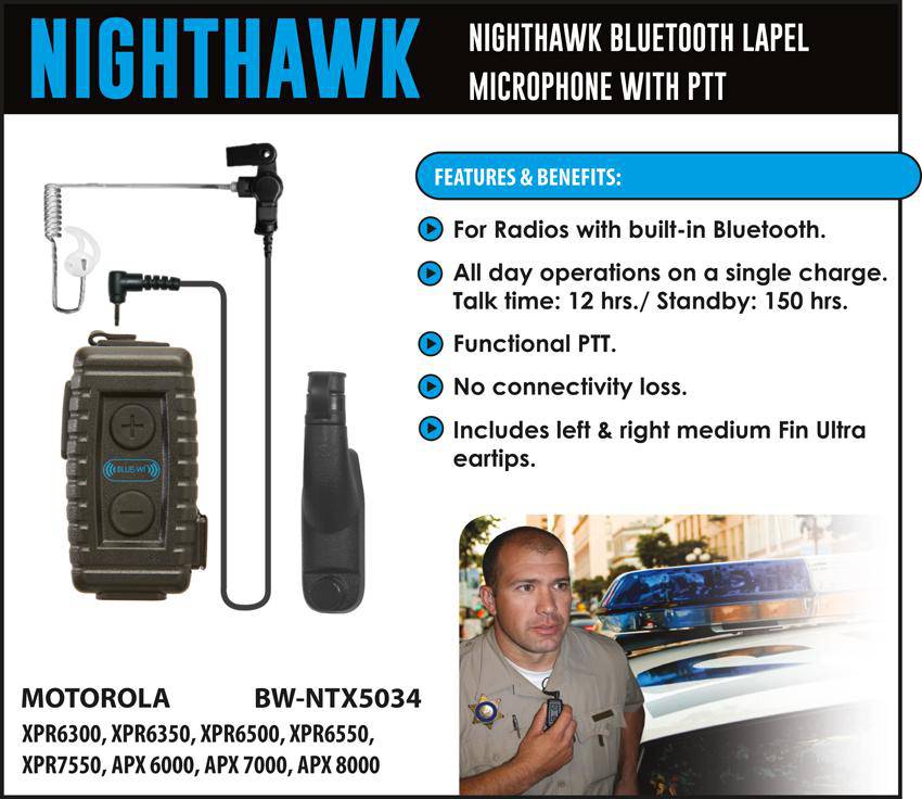 BlueWi BW NTX5034 Nighthawk Professional Bluetooth Lapel Microphone - Wireless Headset for Motorola TRBO Two-Way Radios - Ideal for Security, Events & Business Communications