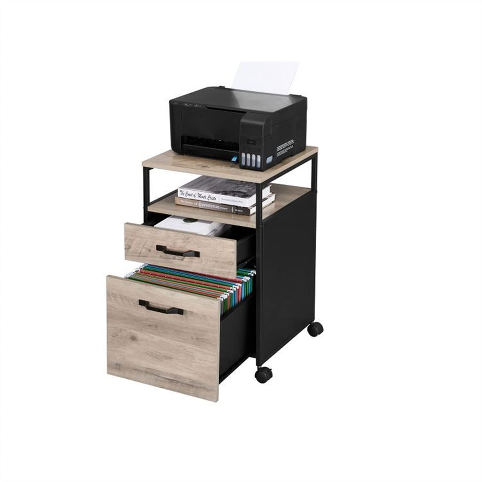 Industrial Style Rolling Printer Stand with 2 Drawers & Open Shelves - Mobile File Organizer Cabinet on Wheels for Office, Home Workspace - Perfect for Printer Storage, File Organization & Workspace Optimization