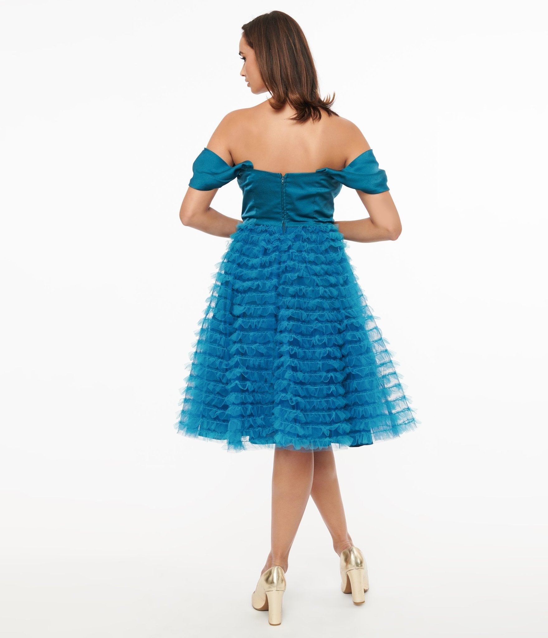 Vintage 1950s Teal Mesh Tulle Off-Shoulder Swing Dress - Retro Cocktail Party & Wedding Guest Dress for Women