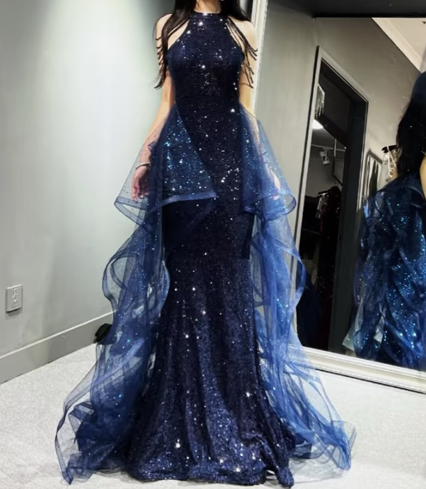 Navy Blue Sequin Mermaid Prom Dress with Ruffle Hem - Elegant Evening Gown for Homecoming, Pageant & Formal Events - J6616
