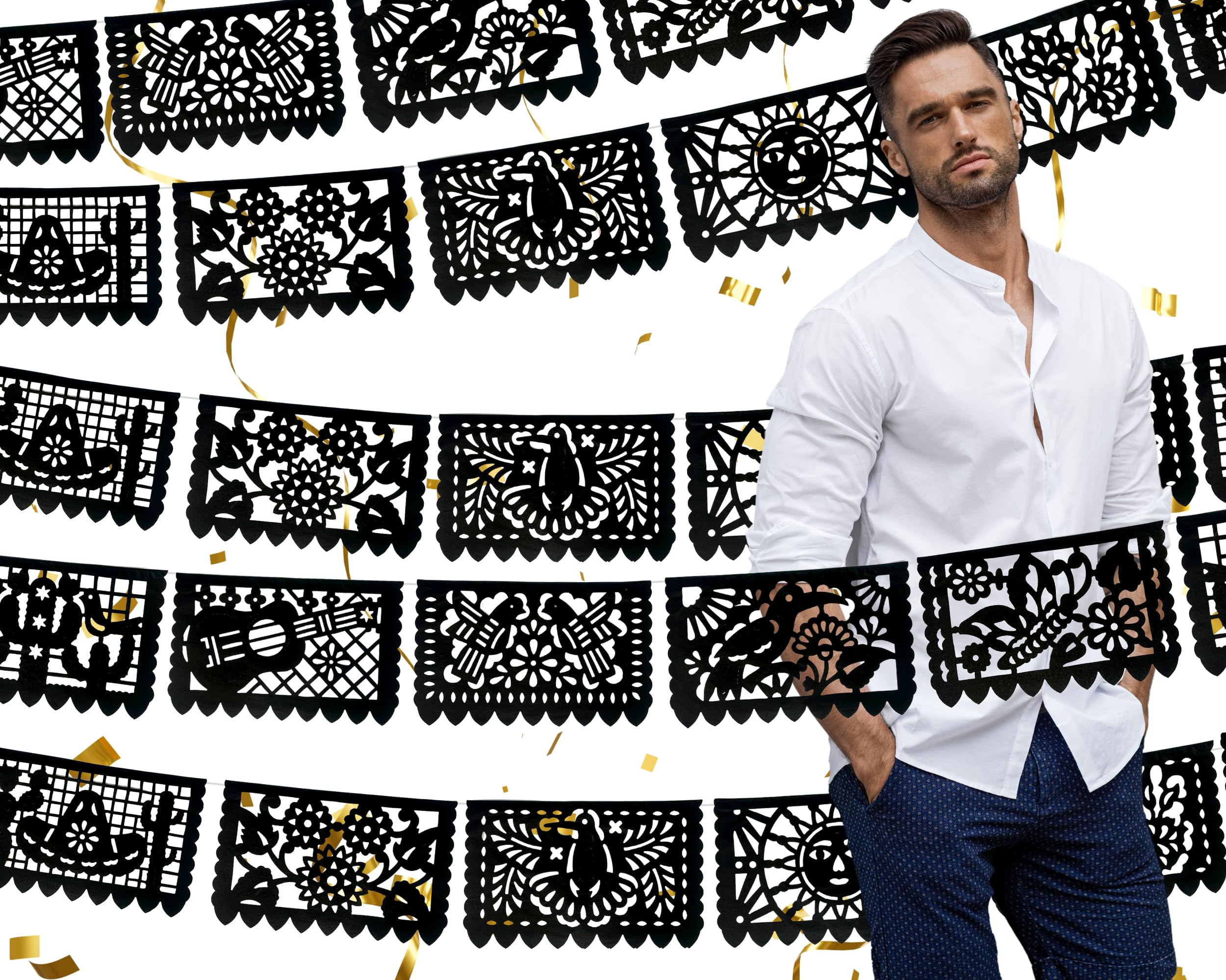 Colorful Black Papel Picado Banners - 5 Pack 60ft Mexican Fiesta Decorations for Weddings, Quinceañeras, Bridal Showers, Birthdays & Parties | Perfect for Indoor & Outdoor Celebrations
