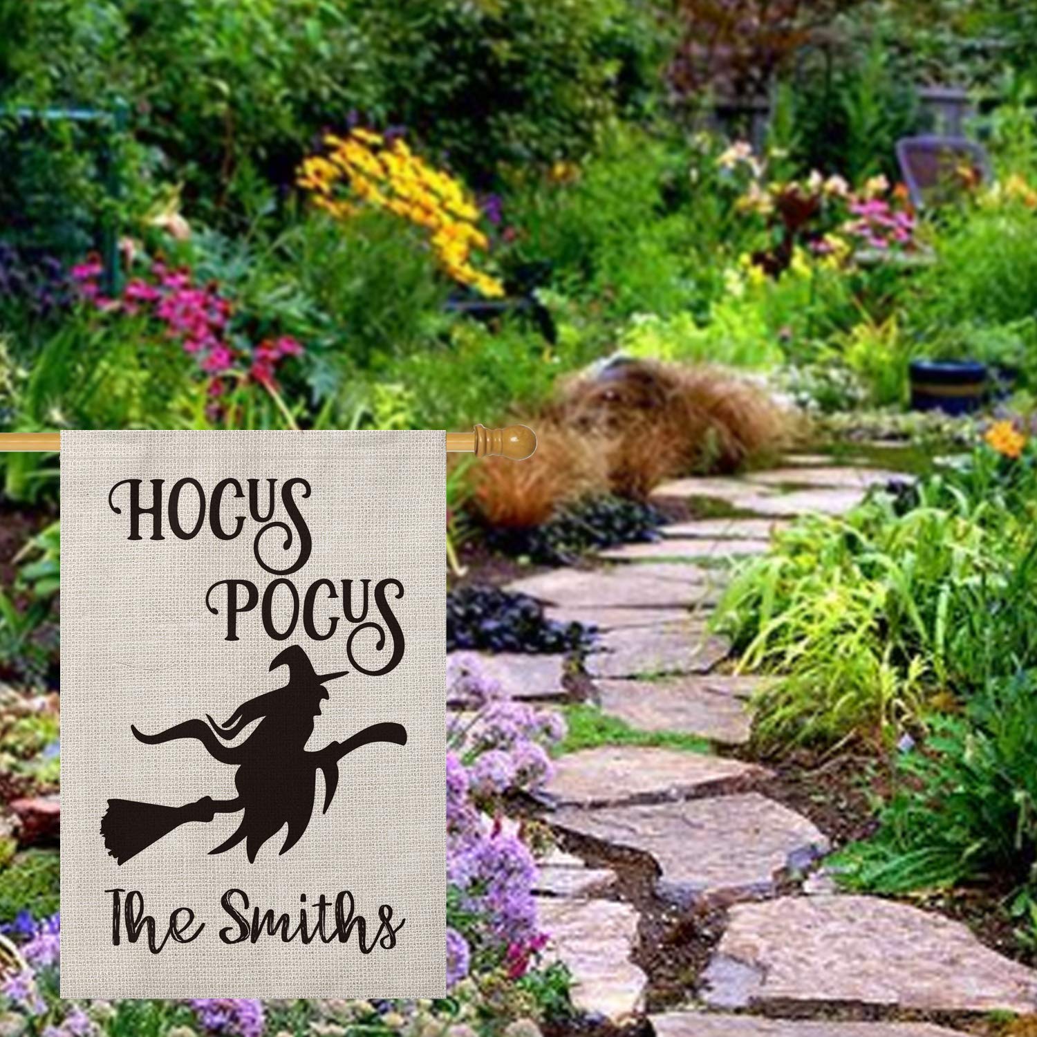 Personalized Halloween Wicked Witch on Broom House Flag - Custom Hocus Pocus Family Name Double Sided 28x40 Inch Rustic Farmhouse Burlap Outdoor Decoration for Yard, Porch & Halloween Party Decor