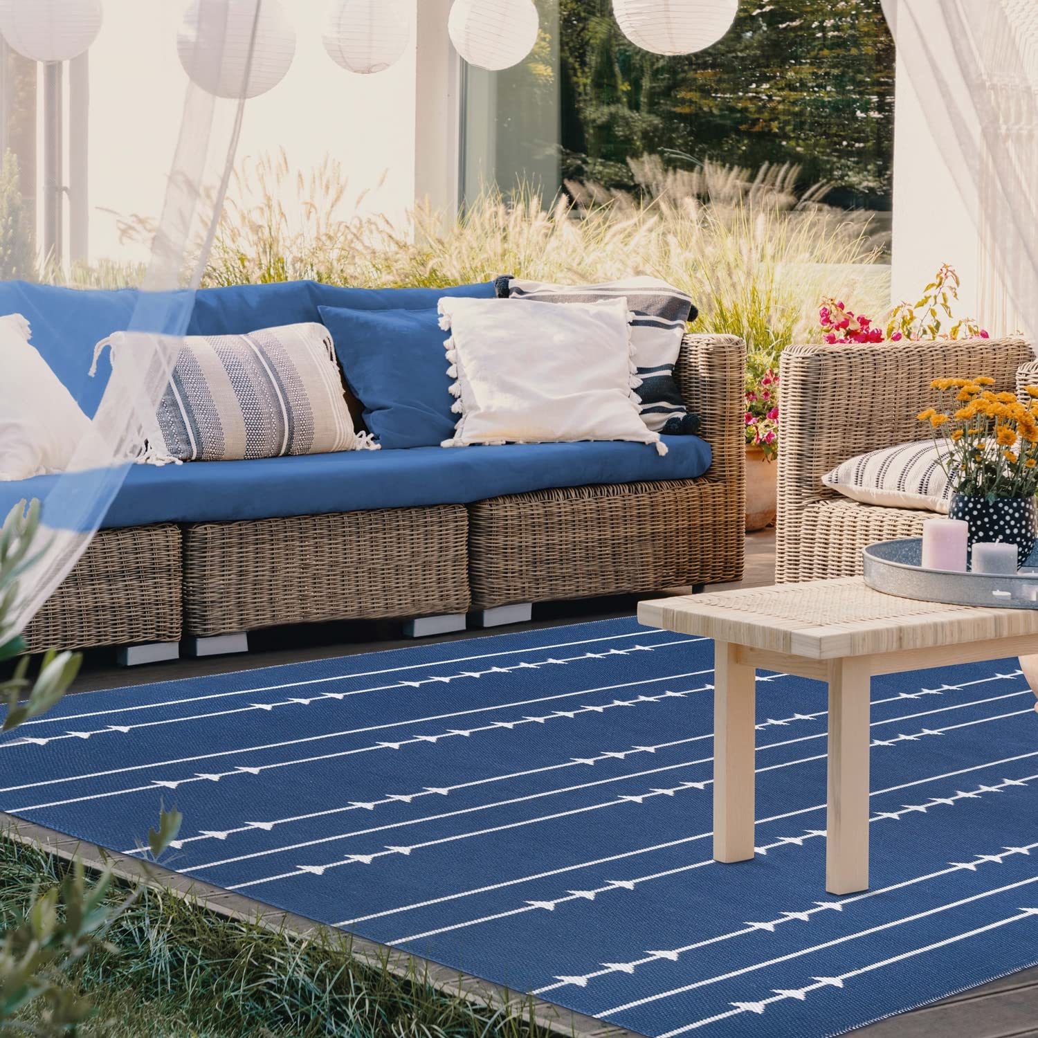 Blue Nile Mills Geometric Lattice Pattern Indoor Outdoor Area Rug - 6' x 9' Navy - Perfect for Living Room, Bedroom, Office, Patio & Entryway - Soft & Durable Home Decor for Luxury Spaces