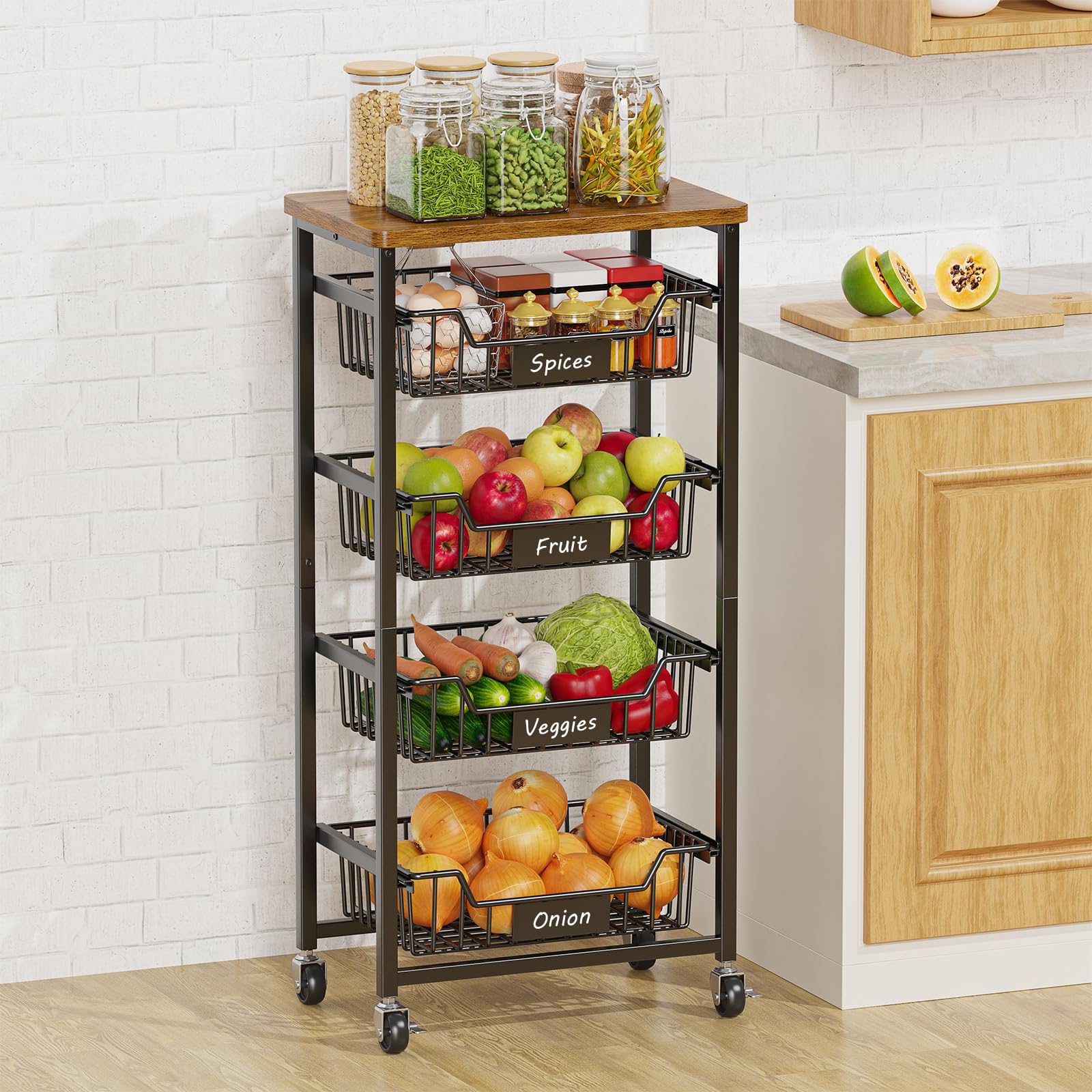 5-Tier Rolling Kitchen Cart with Pull-Out Baskets & Wood Top - Space Saving Fruit Vegetable Storage Organizer for Pantry, Dining Room & Small Spaces - Perfect for Fresh Produce Display & Kitchen Organization