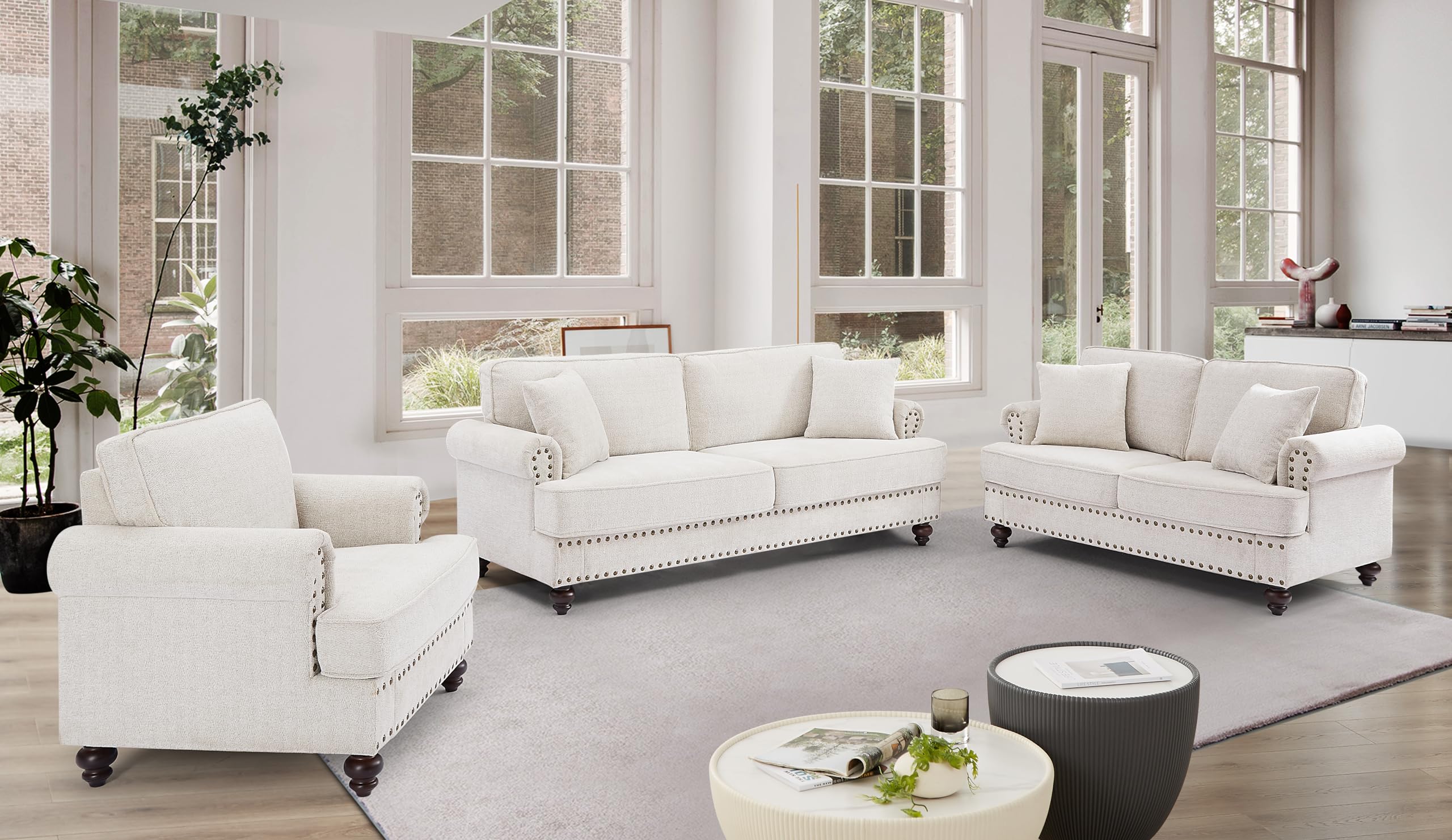 FANYE 3-Piece Chenille Upholstered Living Room Sofa Set with Armchair, Loveseat & 3-Seater Couch - Button Tufted Design with 4 Pillows & Nailhead Decor for Home, Office & Apartment - Perfect for Family Gatherings, Movie Nights & Relaxing