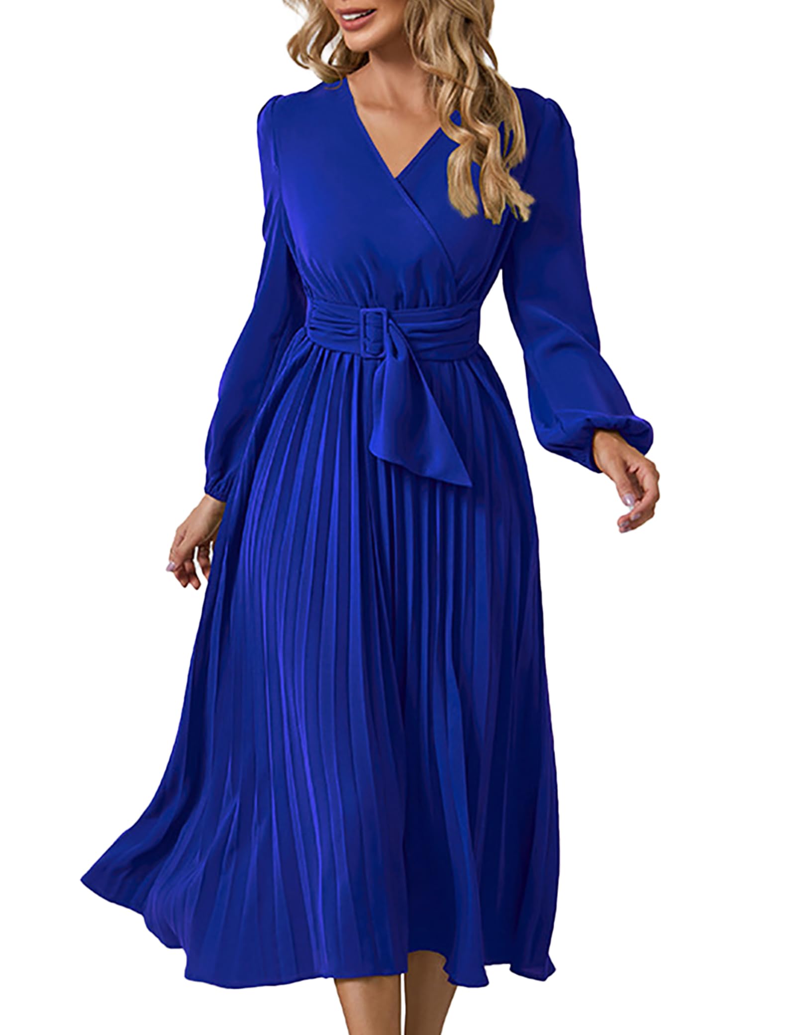 SDEER Women's Casual Midi Dress - V Neck Long Sleeve Pleated High Waist Flowy Dress for Wedding Guest, Party, Office & Everyday Wear