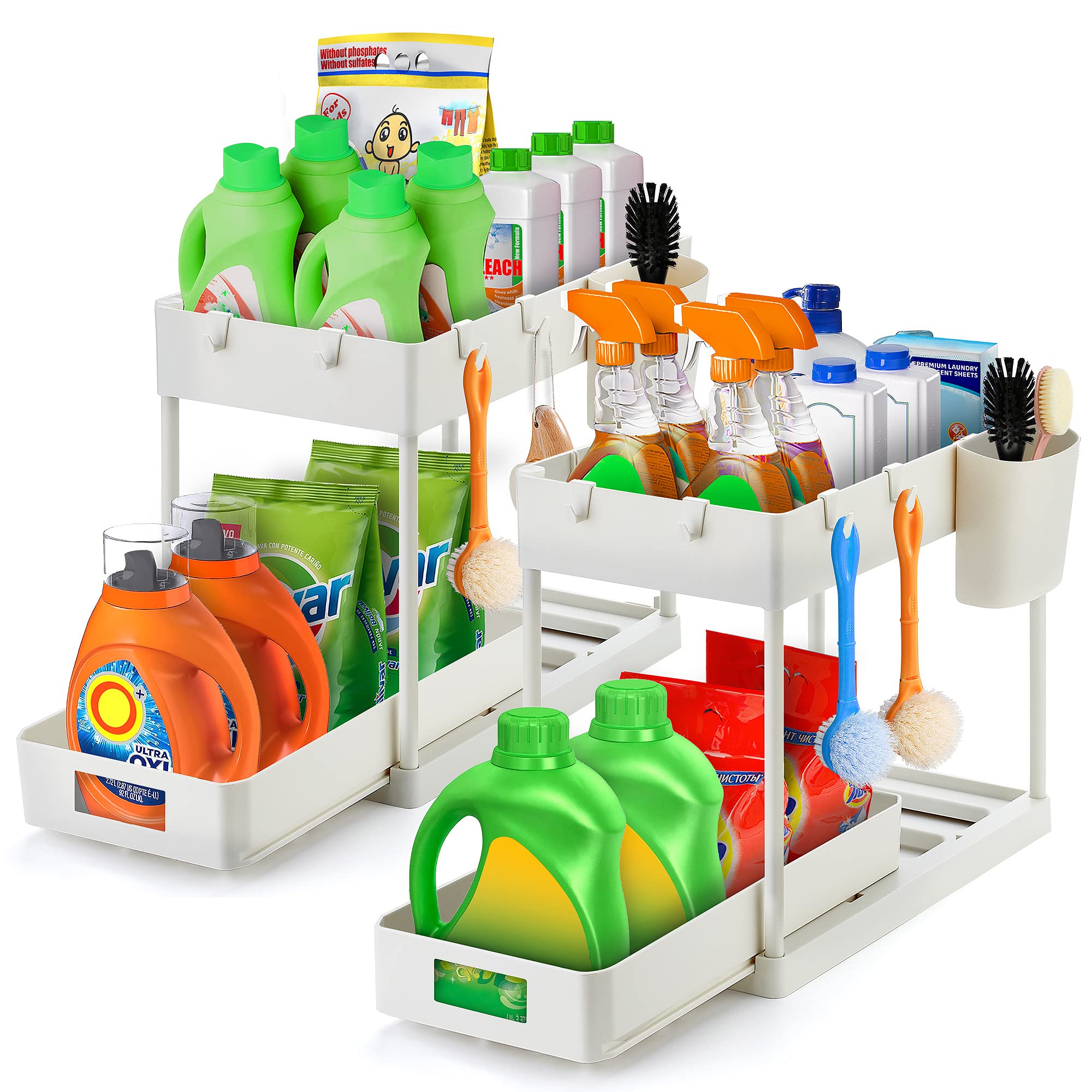 2-Tier Pull Out Under Sink Organizer Set of 2 - Multi-Purpose Sliding Cabinet Storage for Bathroom & Kitchen Sink - Includes Hooks & Hanging Cups - White (Perfect for Organizing Cleaning Supplies, Sponges & Soaps Under Sink)