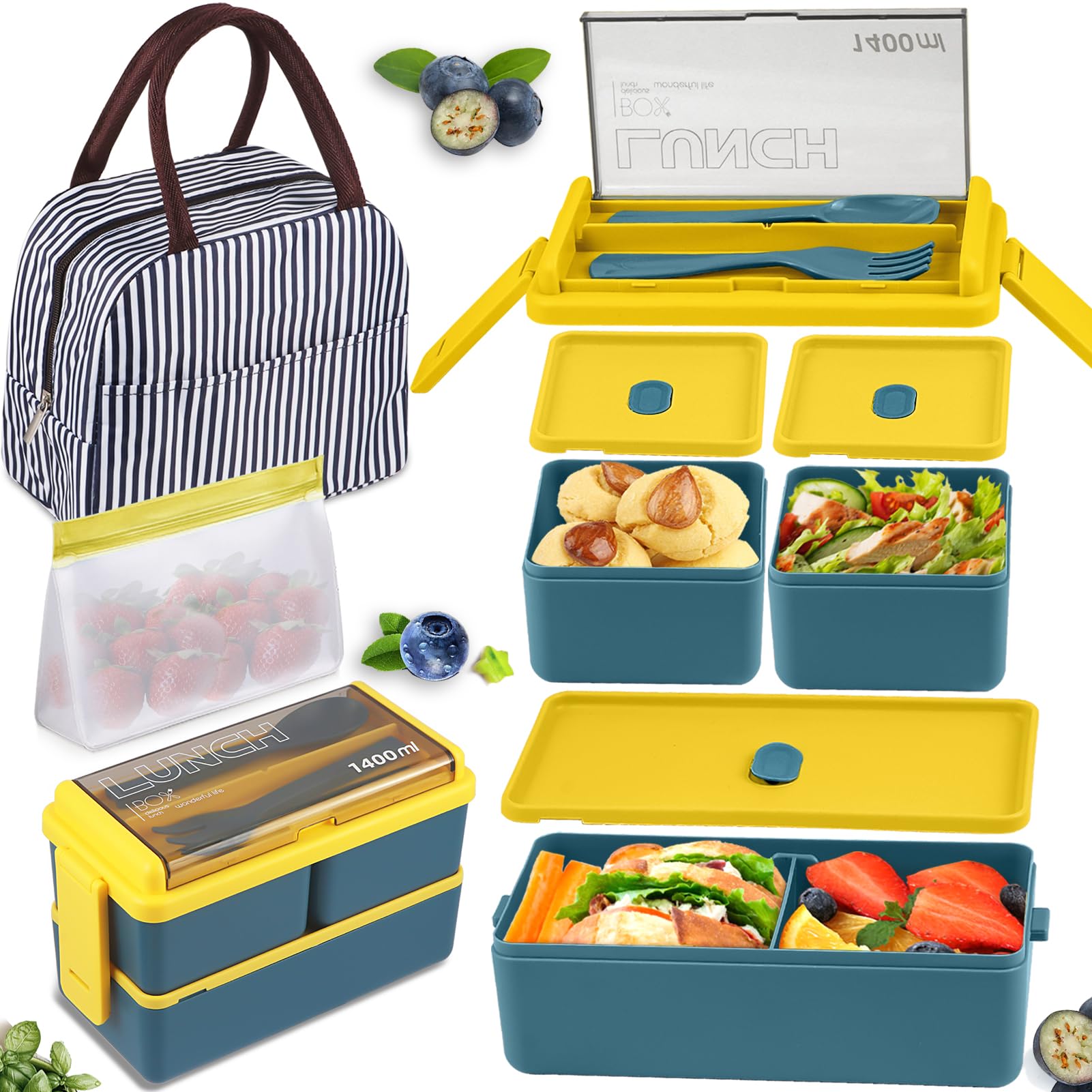 NatraProw 3-Compartment Stackable Bento Box Set - 47.35oz Adult Lunch Box with Lunch Bag, Snack Bag & Utensils - Microwave & Dishwasher Safe - Perfect for Office, School, Picnics & Meal Prep (Blue)