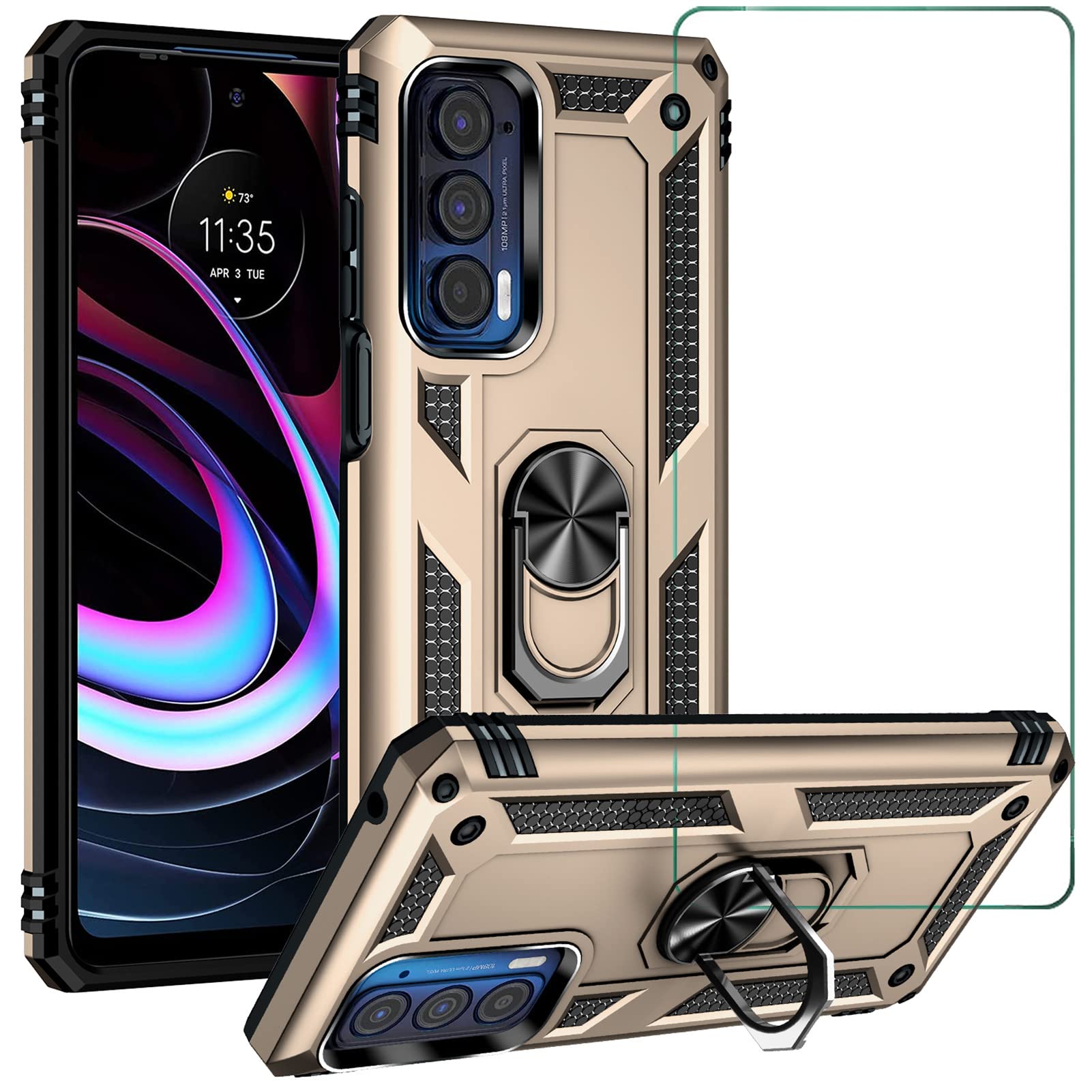 Shockproof Heavy Duty Case for Motorola Edge 20 Pro with Screen Protector - Military Grade Armor Silicone Cover, Anti-Scratch & Ring Holder Kickstand (Gold) - Perfect for Outdoor Activities, Travel & Daily Protection