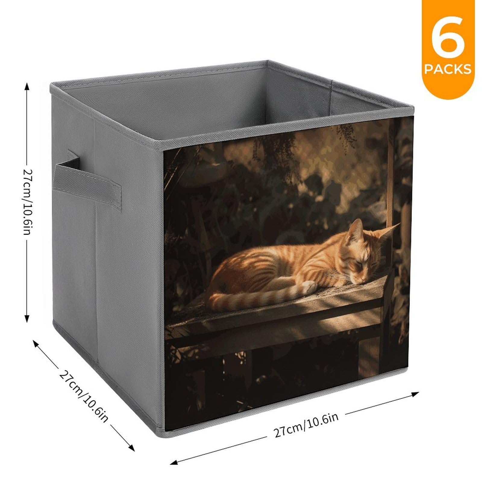 6PCS Collapsible Storage Bins with Handles - Orange Cat Sleeping Pattern Multi-Purpose Organizer Boxes for Shelves, Closet, Bathroom & Home Organization | Space-Saving Foldable Storage Baskets for Bedroom, Office & Kids' Room