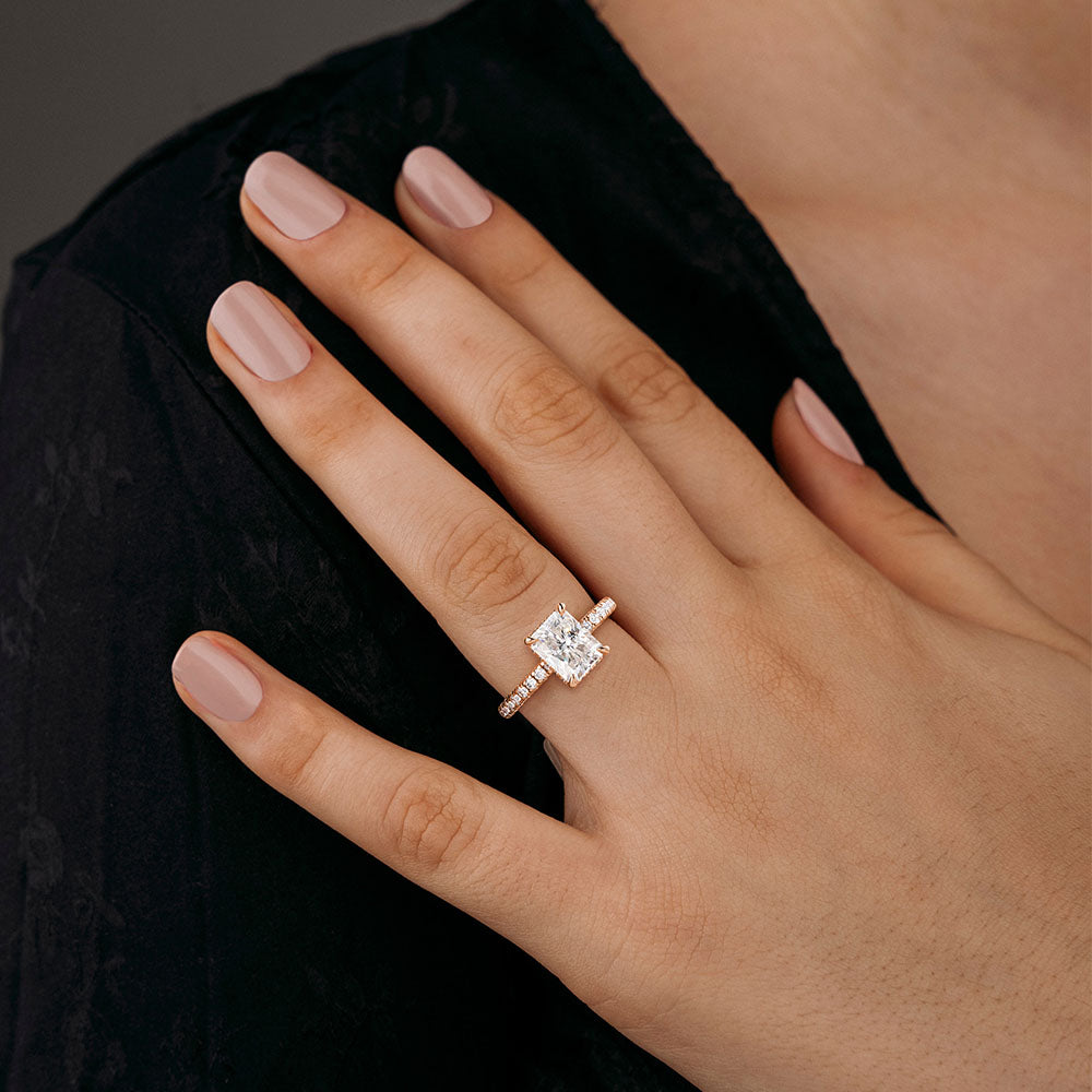 Exquisite Radiant Cut Moissanite Engagement Ring with Hidden Halo & Anniversary Accent Stones | Perfect for Proposals, Weddings & Anniversary Gifts